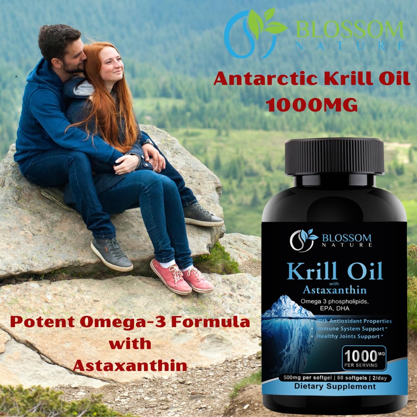 Blossom Nature Antarctic Krill Oil 1000mg Softgels with Astaxanthin, 60 Softgels