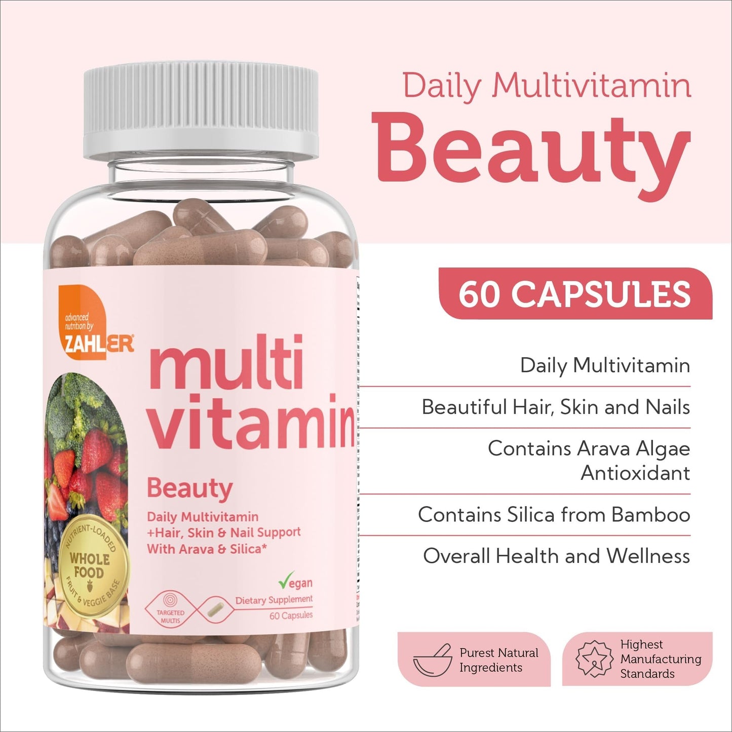 Zahler Multivitamin Beauty + Skin Hair and Nails Support Capsules, 60 Count