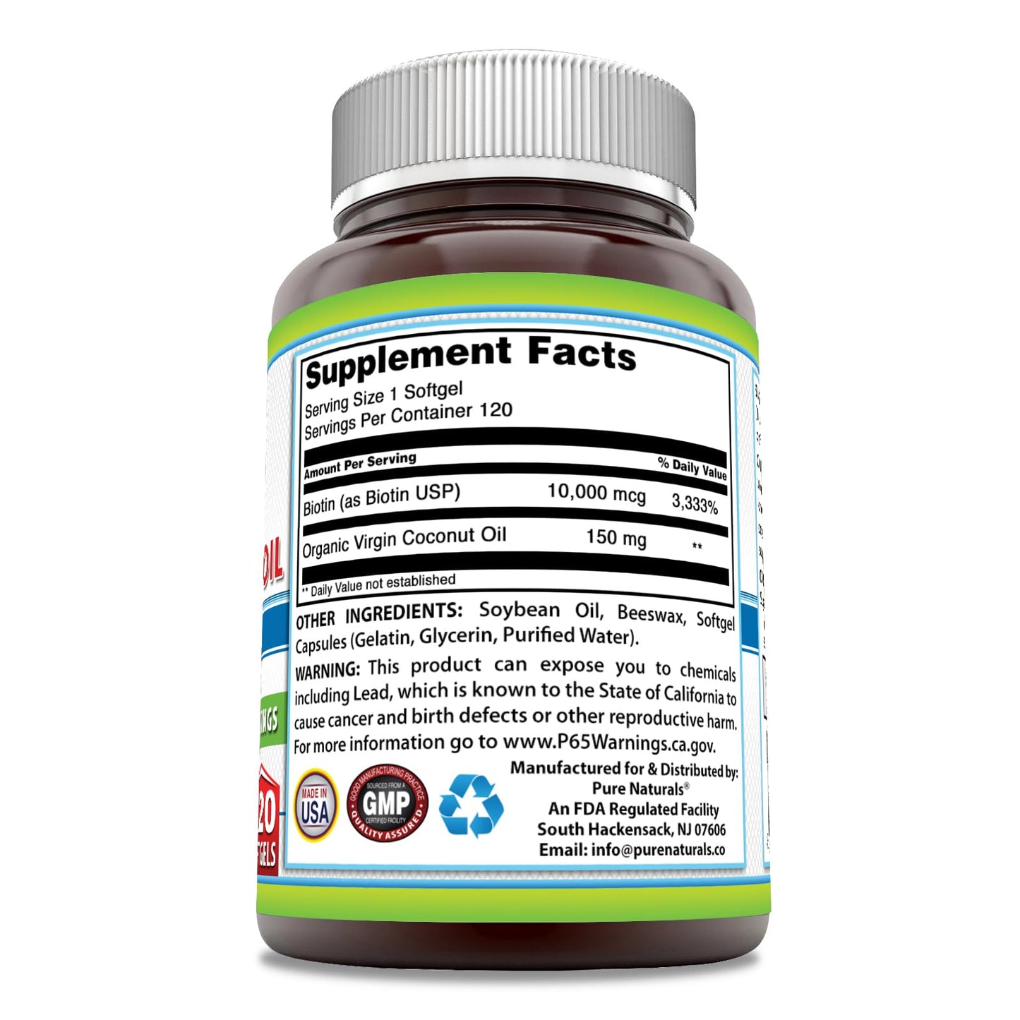 Pure Naturals Biotin 10,000 mcg with Organic Coconut Oil Softgels, 1 Count