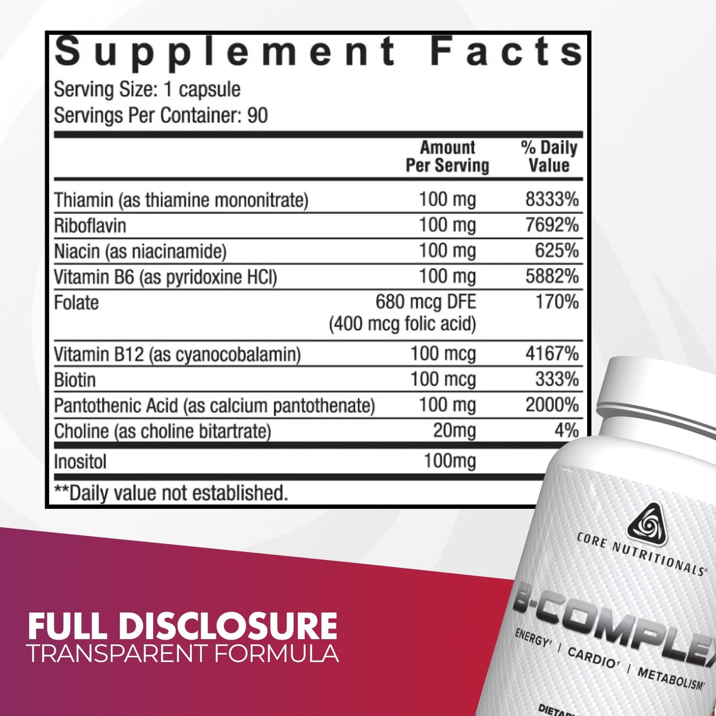 Core Nutritionals B Complex All Essential 8 B Vitamins for Energy Metabolism Supports Cognition, Mood & Overall Well-Being, 90 Capsules