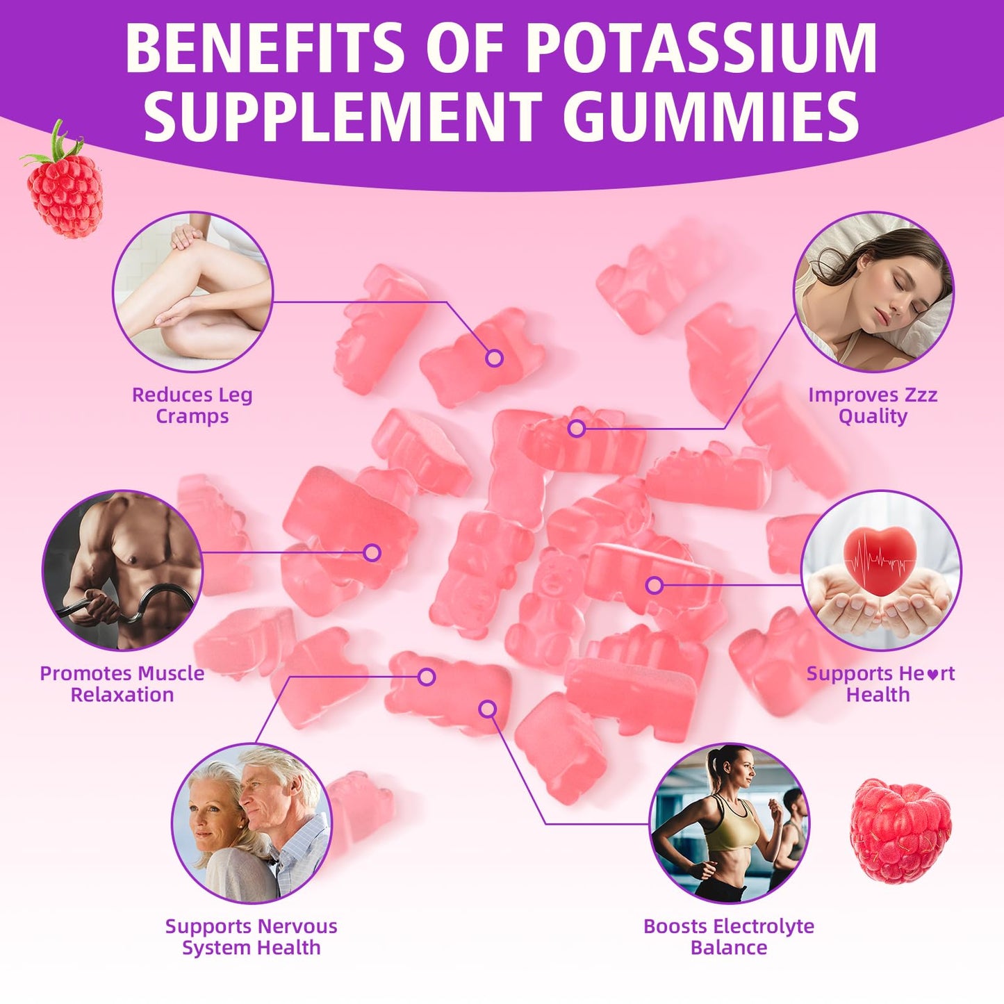 BVIVLOO Potassium Gummies for Adults with 1200mg Potassium Chloride - Supports Muscle Health & Leg Cramps, Raspberry Flavor, 2 Pack