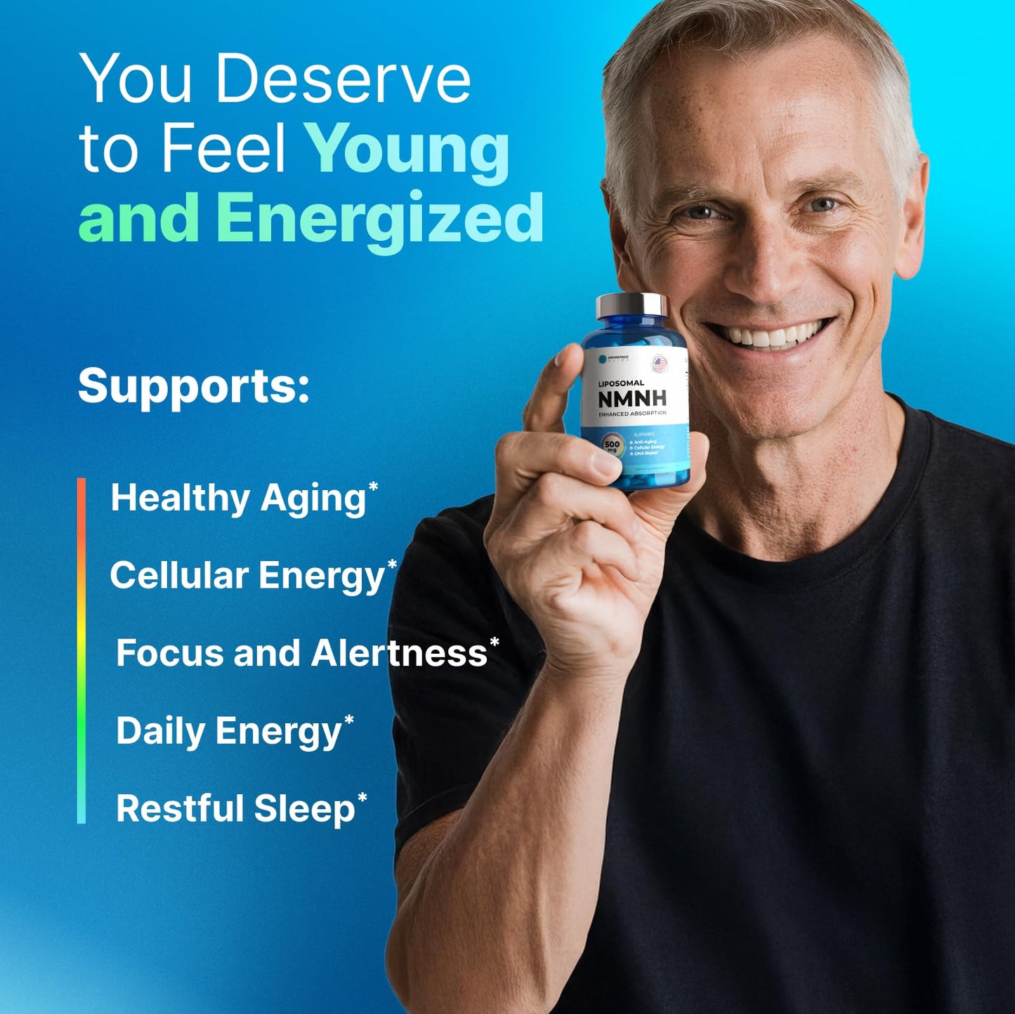 AdvantageNutra Liposomal NMNH (Dihydronicotinamide Mononucleotide) 500mg - NR Supplement Alternative - Anti Aging NAD Supplement to Boost NAD Plus Levels, Energy, Focus - High Purity 120 Capsules