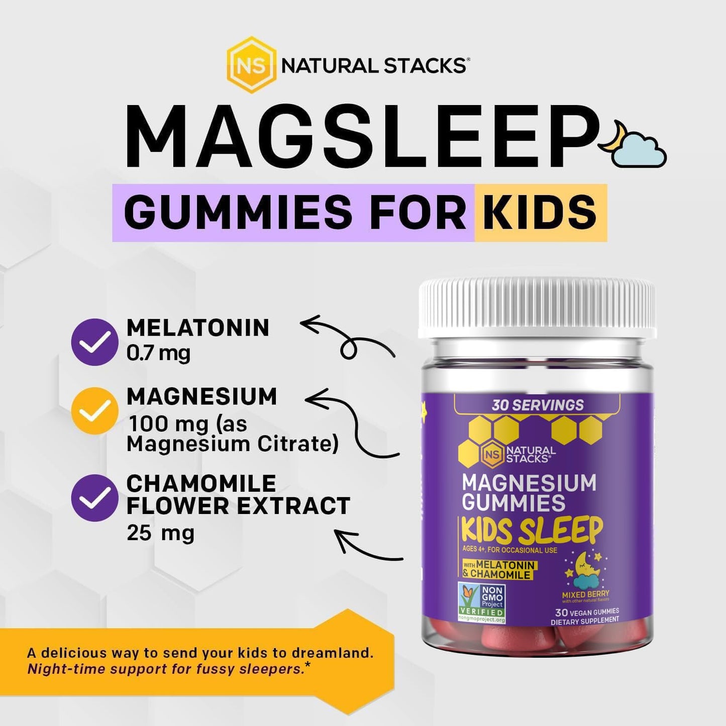 Natural Stacks Kids Sleep Magnesium Gummies with Melatonin, 30 Gummies