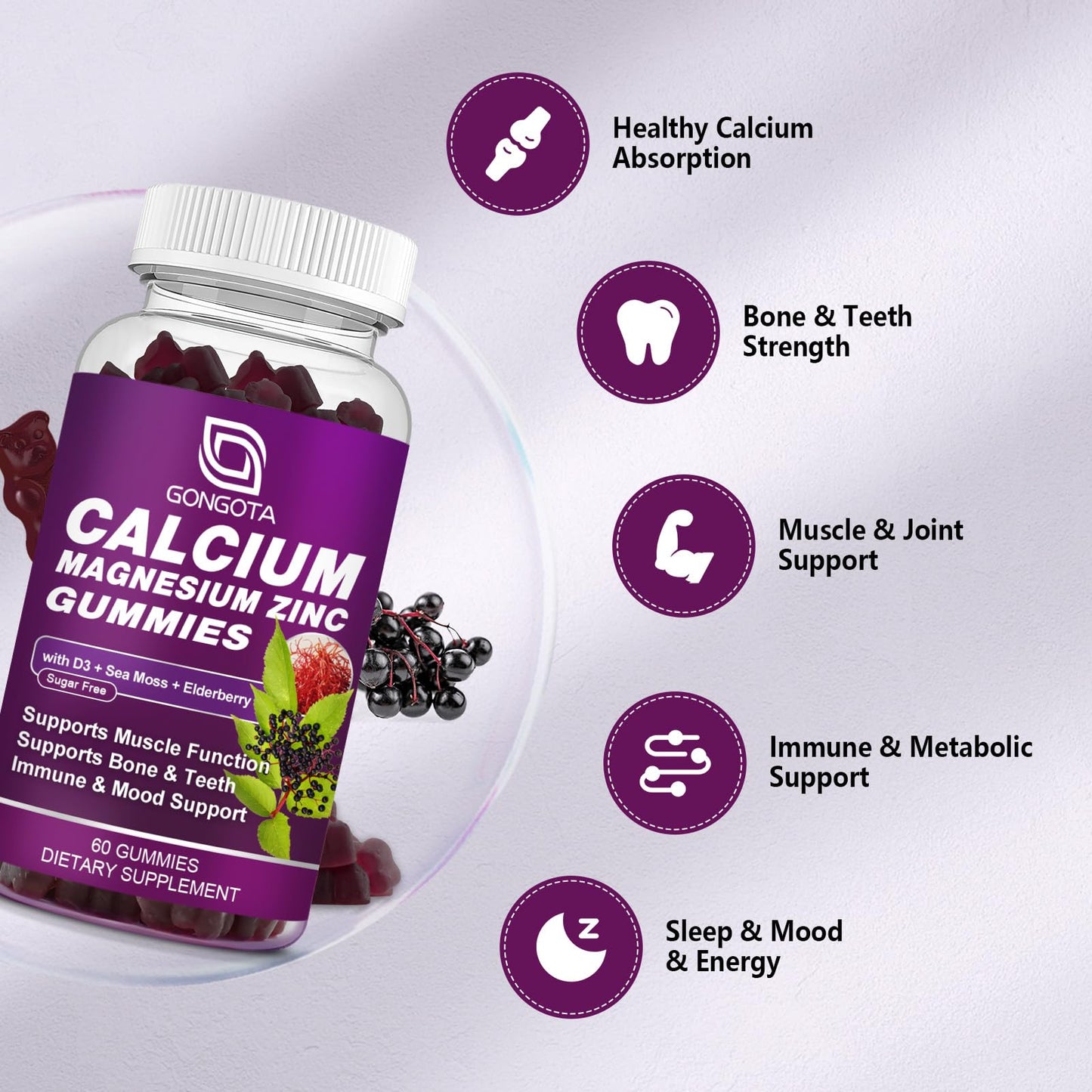 GONGOTA Calcium Magnesium Zinc with Vitamin D3 Supplement Gummy 60 Count