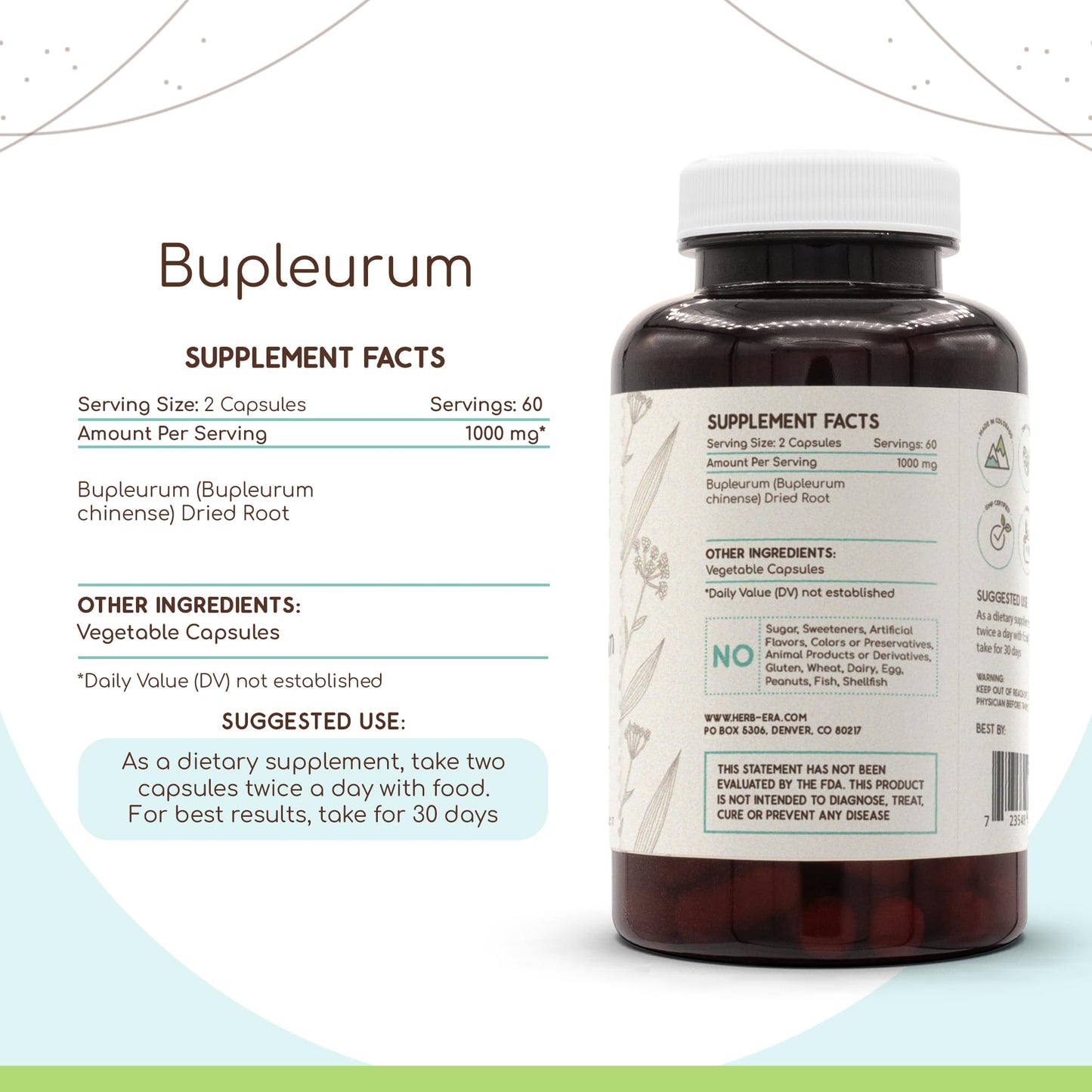 HerbEra Bupleurum Chinense Dried Root 500 mg Capsules, 120 Count