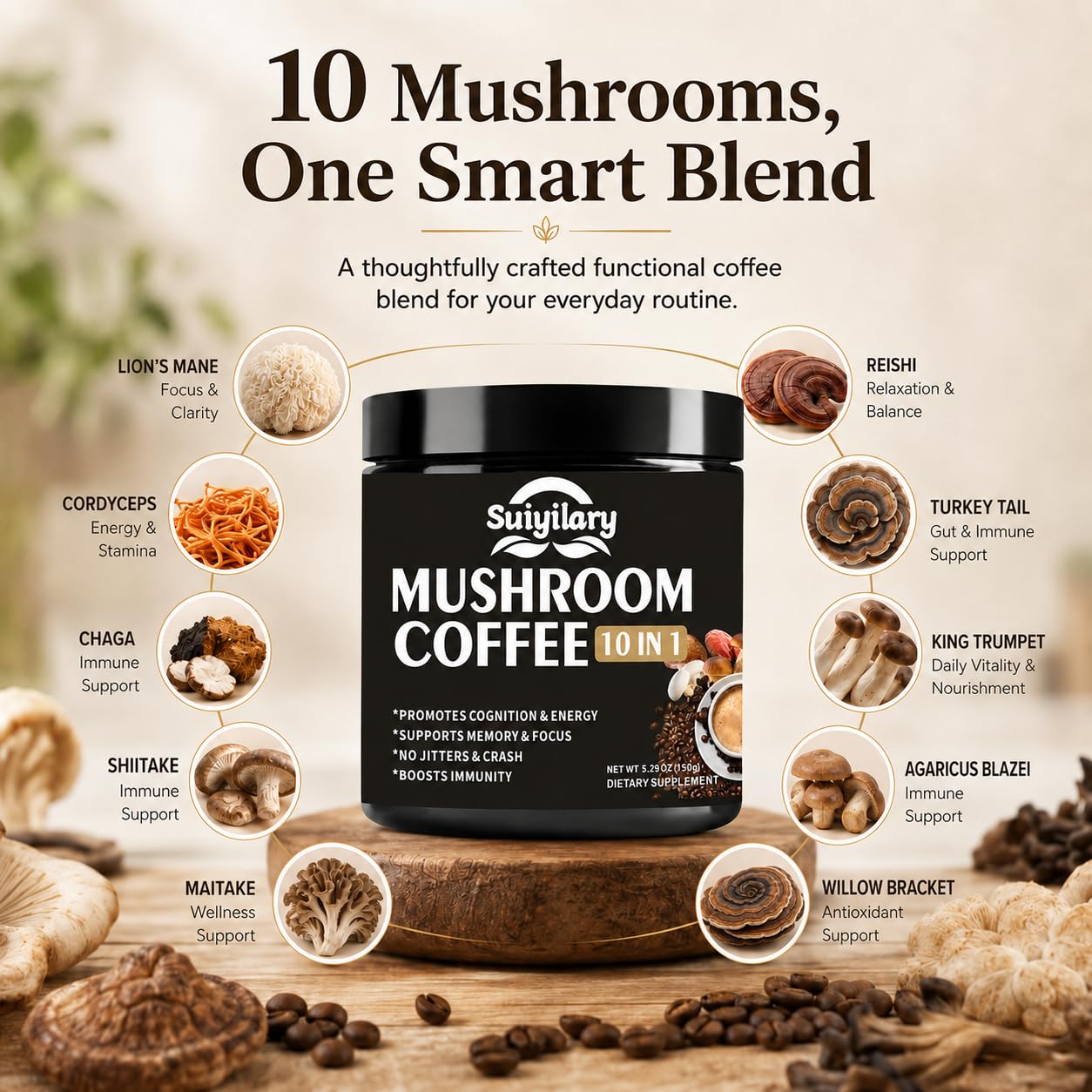Suiyilary Mushroom Coffee Powder Blend with 10 Mushroom Extracts (Lion's Mane, Reishi, Chaga, Cordyceps, Turkey Tail), 5.3 oz