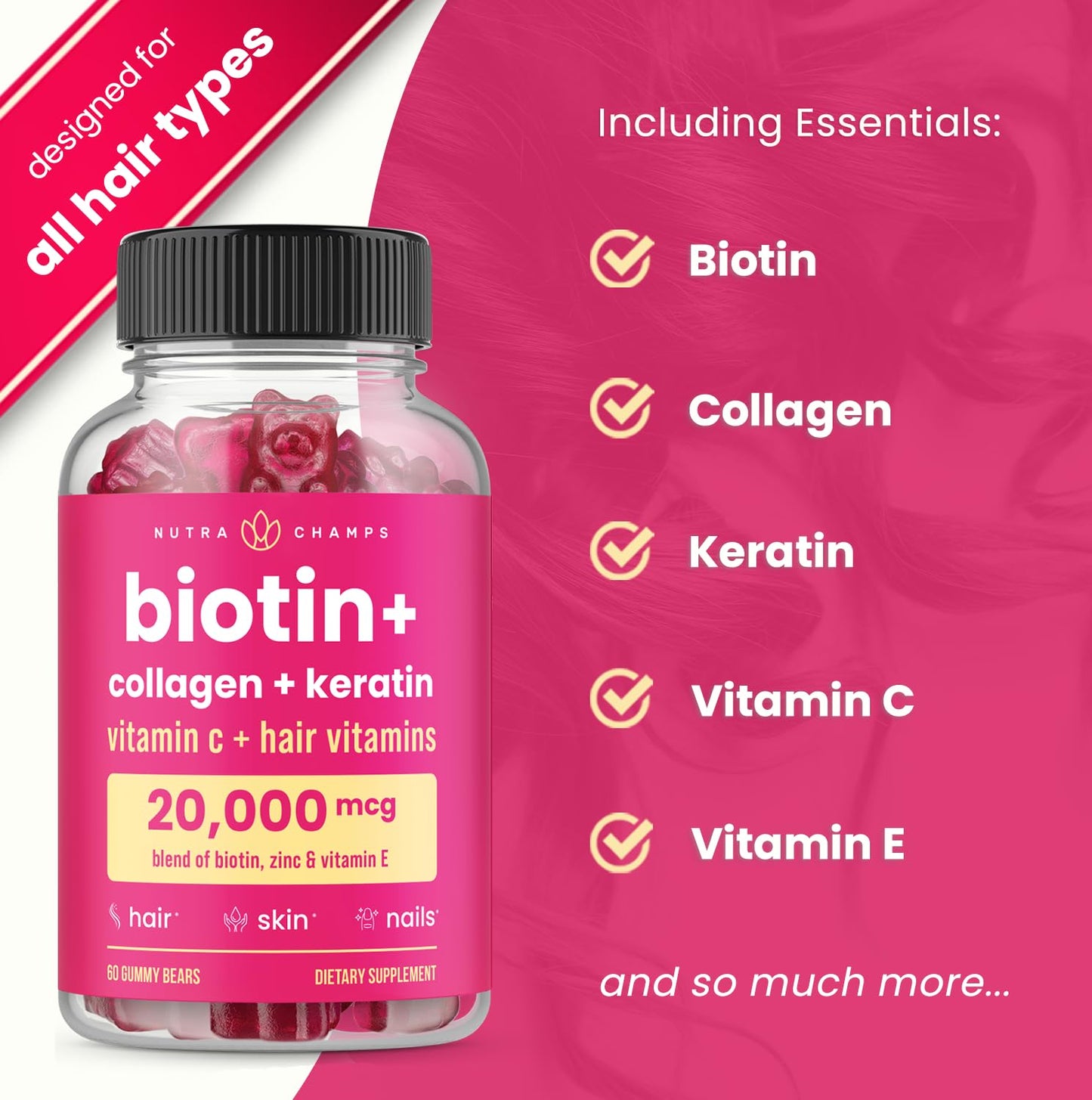 NutraChamps Biotin Gummies 5000mcg with Collagen, Keratin & More – Hair Skin and Nails – 60 Gummies