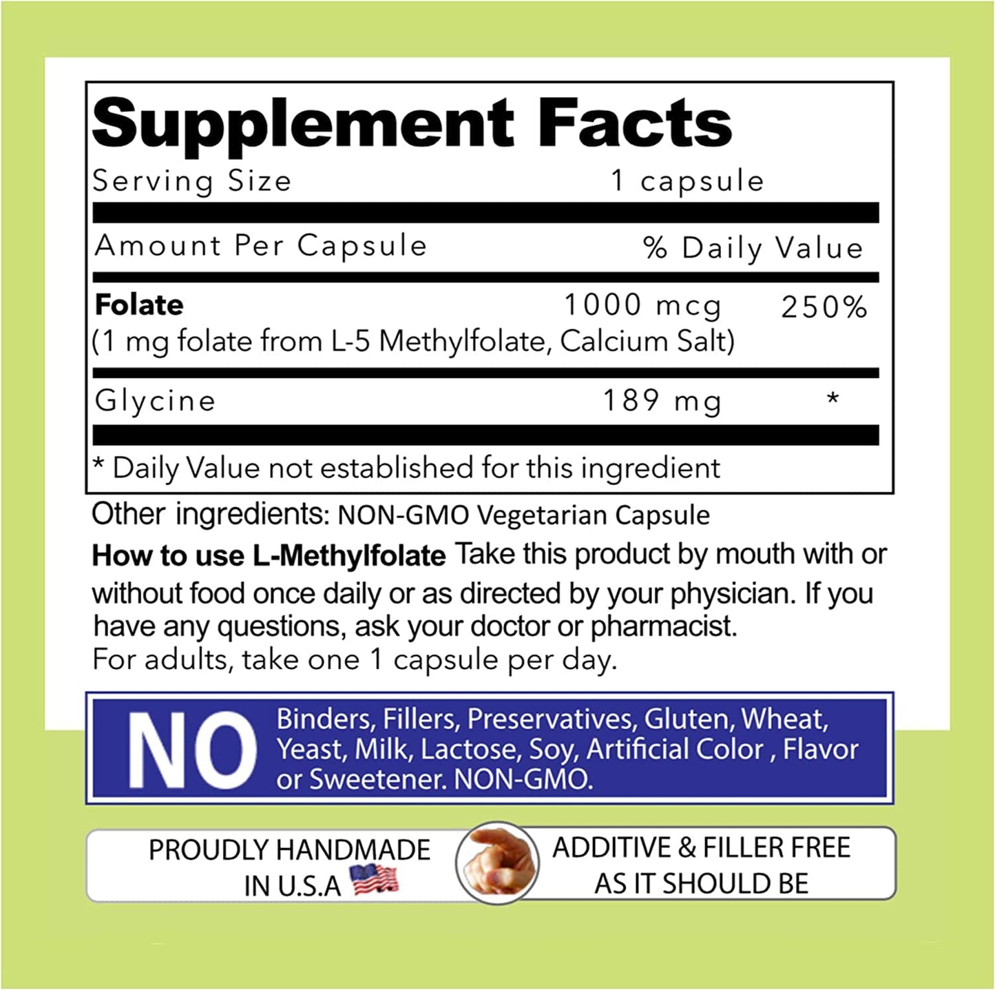 And Give Us Today Our Daily Our Daily Vites L-Methylfolate 1mg / 1000 mcg Maximum Strength Active Folate, 5-MTHF, Filler Free, Gluten Free, Non-GMO Capsules 180 Count