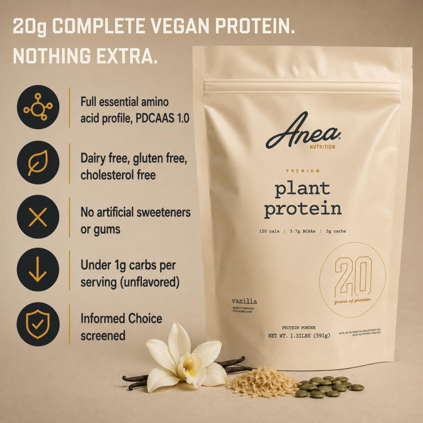 Anea Nutrition Plant Based Protein Powder Vanilla, 20 Servings