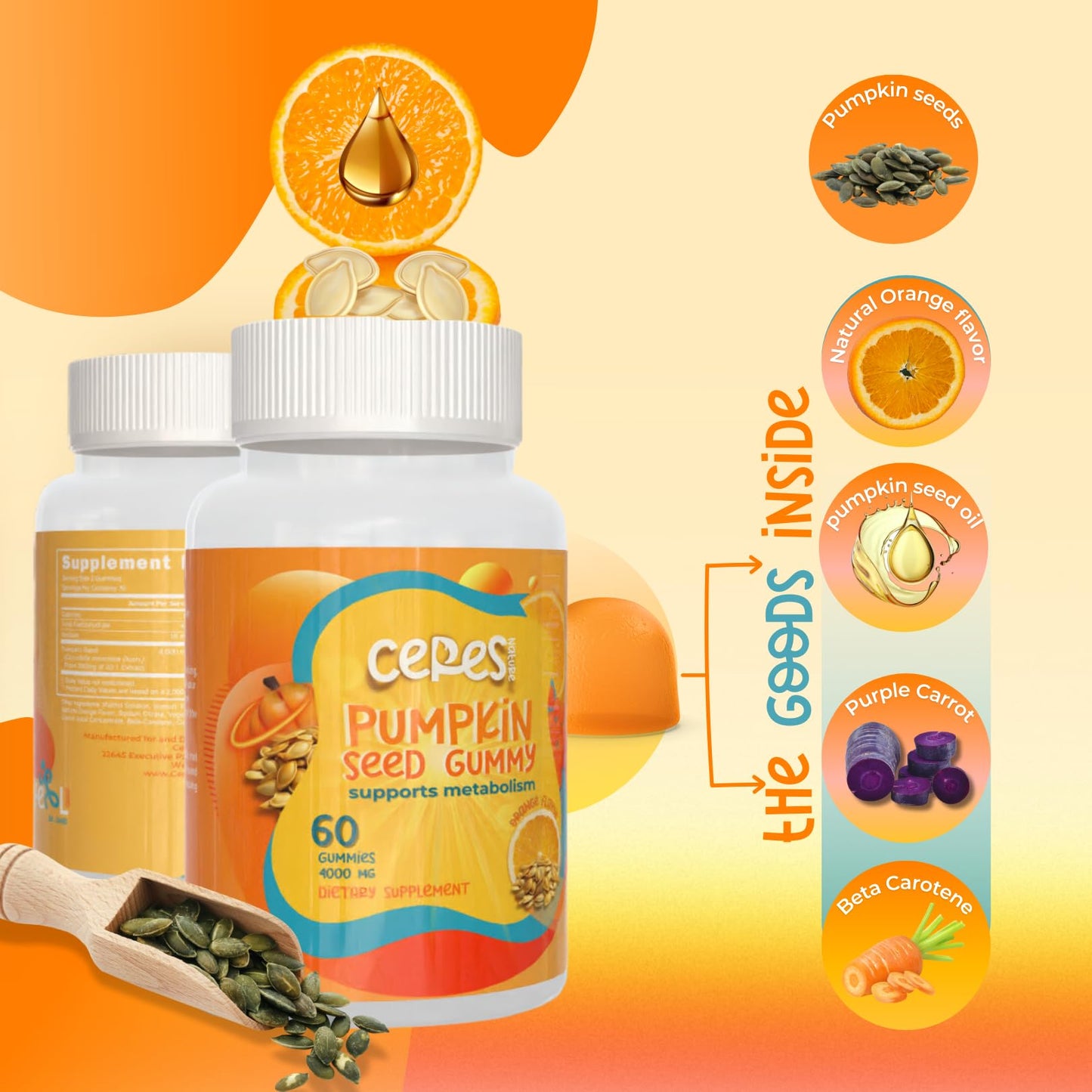 Ceres Nature Pumpkin Seed Oil Gummies 4,000 mg for Hair Growth, Urinary Tract Support, Bladder Control Supplement, Younger Looking Skin & Face, Rich in Omega-3 & Omega-6 Fatty Acids - Sugar-Free, 60 Count