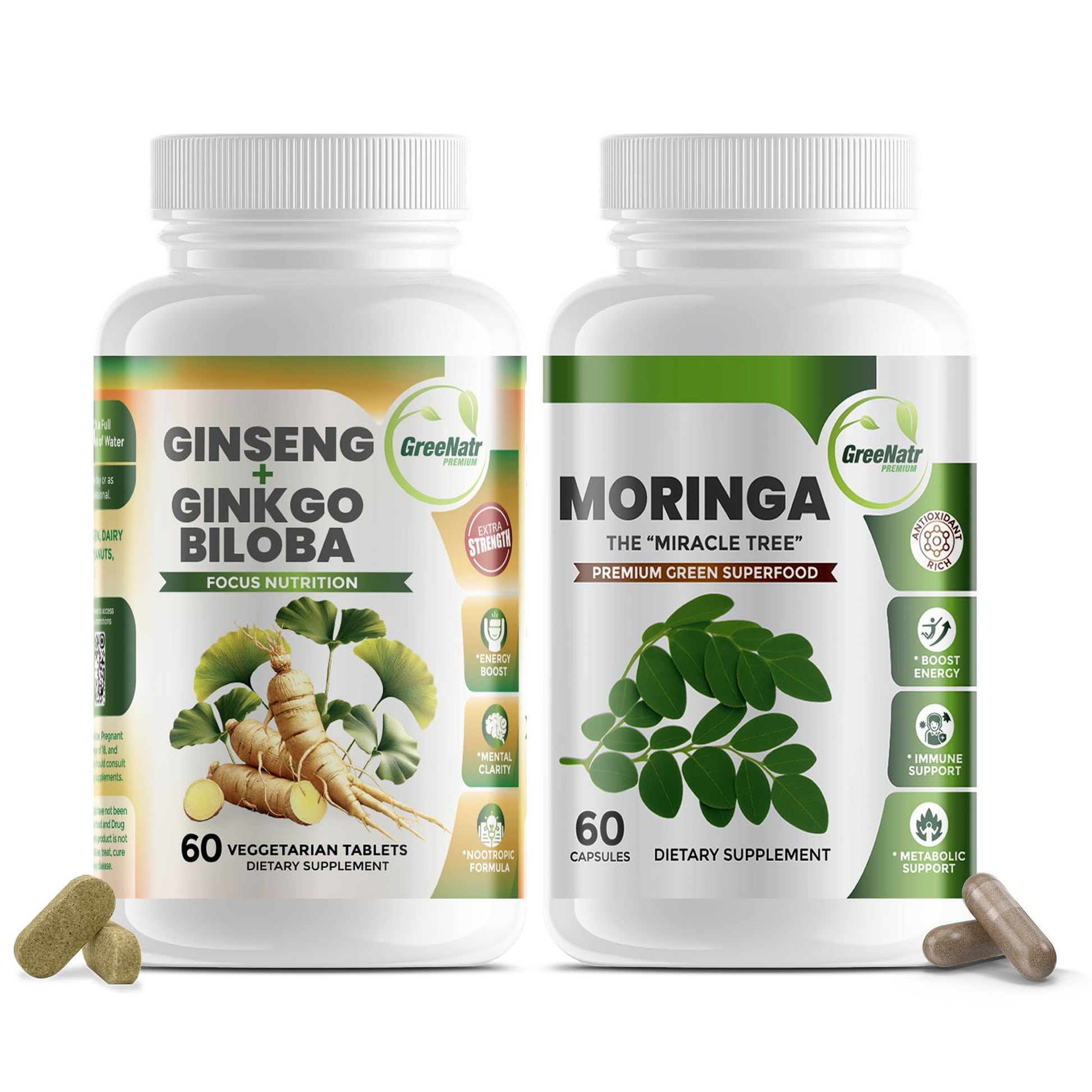 GreeNatr Ginkgo Biloba Panax Ginseng Moringa Capsules Bundle, 120 Capsules