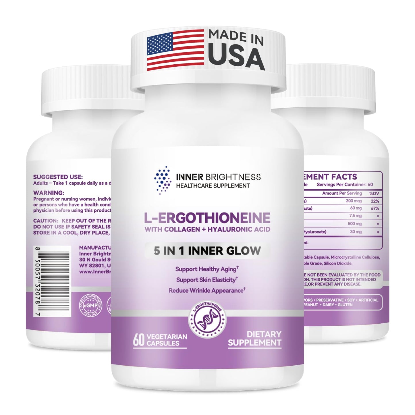 Inner Brightness L-Ergothioneine Supplements with Hyaluronic Acid & Collagen for Women, 60 Capsules