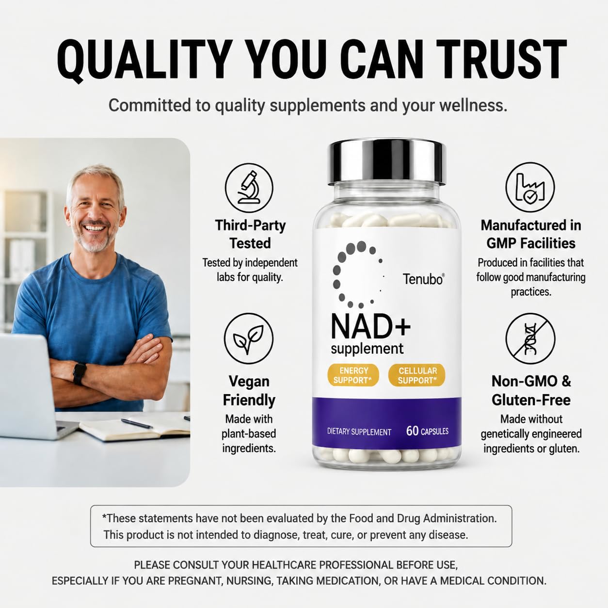 Tenubo NAD+ Supplement 1000mg Nicotinamide Adenine Dinucleotide Capsules, 40 Count