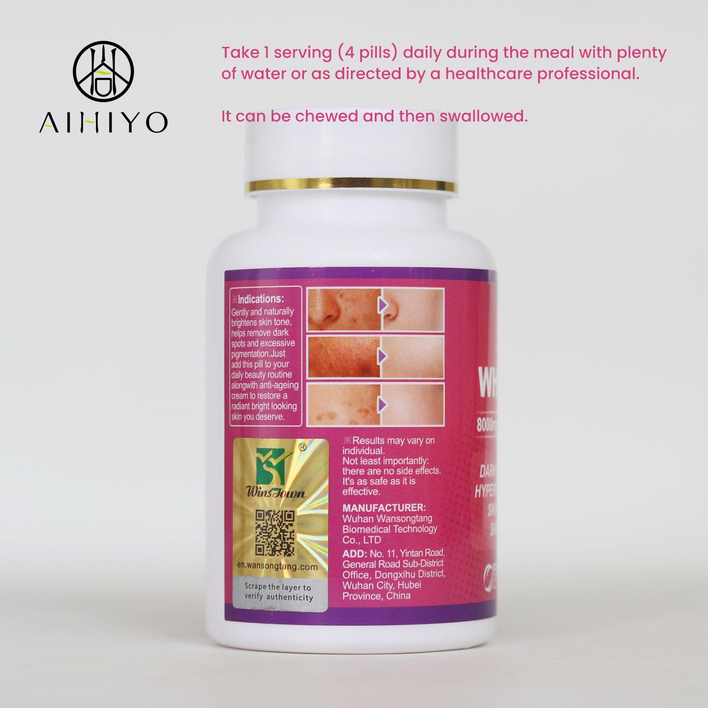AIHIYO Skin Whitening Pill 600mg Glutathione Supplement for Dark Spots, Melasma & Acne Scar Remover, 60 Tablets