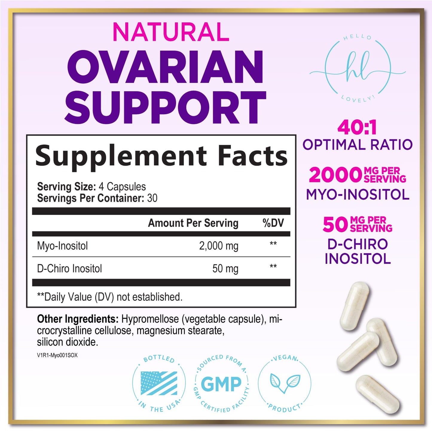 Hello Lovely! Myo-Inositol & D-Chiro Inositol Supplement 2000mg, 40:1 Ratio, Capsules, 120 Count