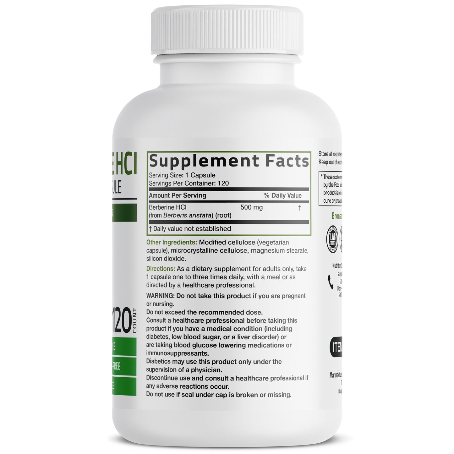 Bronson Berberine HCl 500 mg Capsule, 120 Count