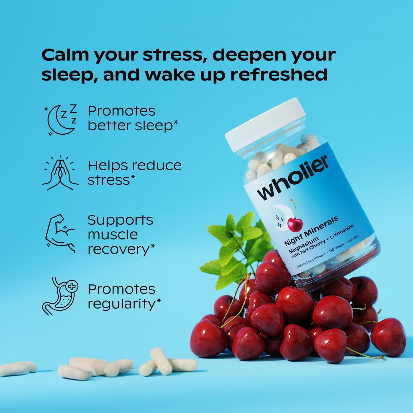Wholier Night Minerals Magnesium Glycinate + Citrate with L-Theanine, Tart Cherry & Lemon Balm, Melatonin-Free Natural Sleep Support, 60 Capsules
