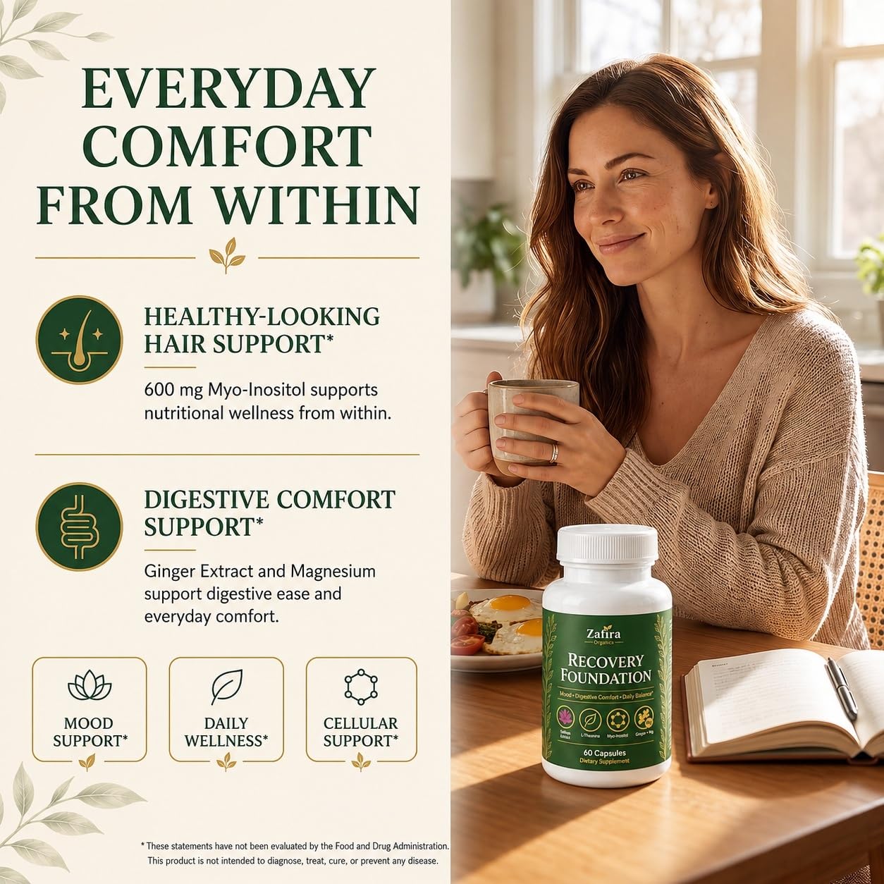 SHIADA Zafira Organics Recovery Foundation Saffron Extract & Myo-Inositol Supplement for Mood Support, Mental Clarity, Hair Health & Digestive Comfort with L-Theanine, Ginger & Magnesium, 60 Capsules