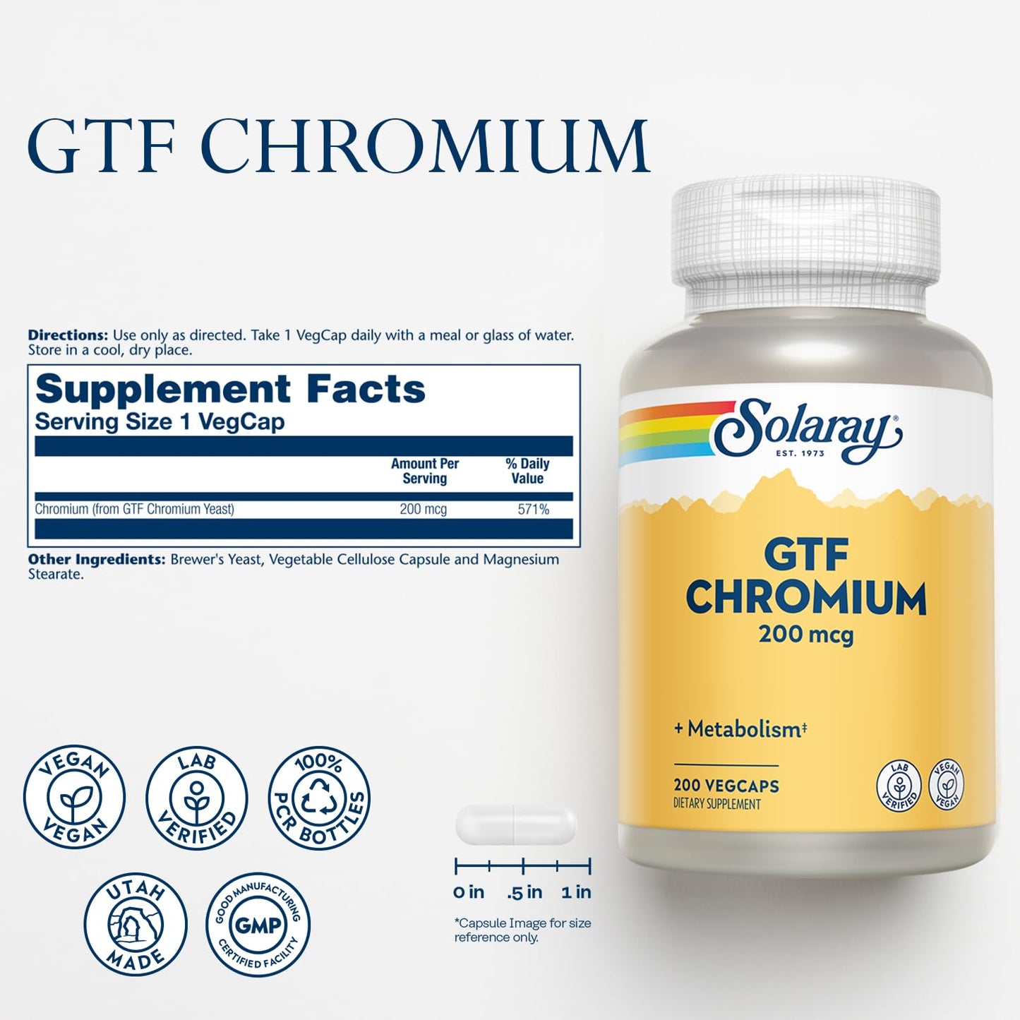 Solaray GTF Chromium 200mcg Capsules, 200 Count