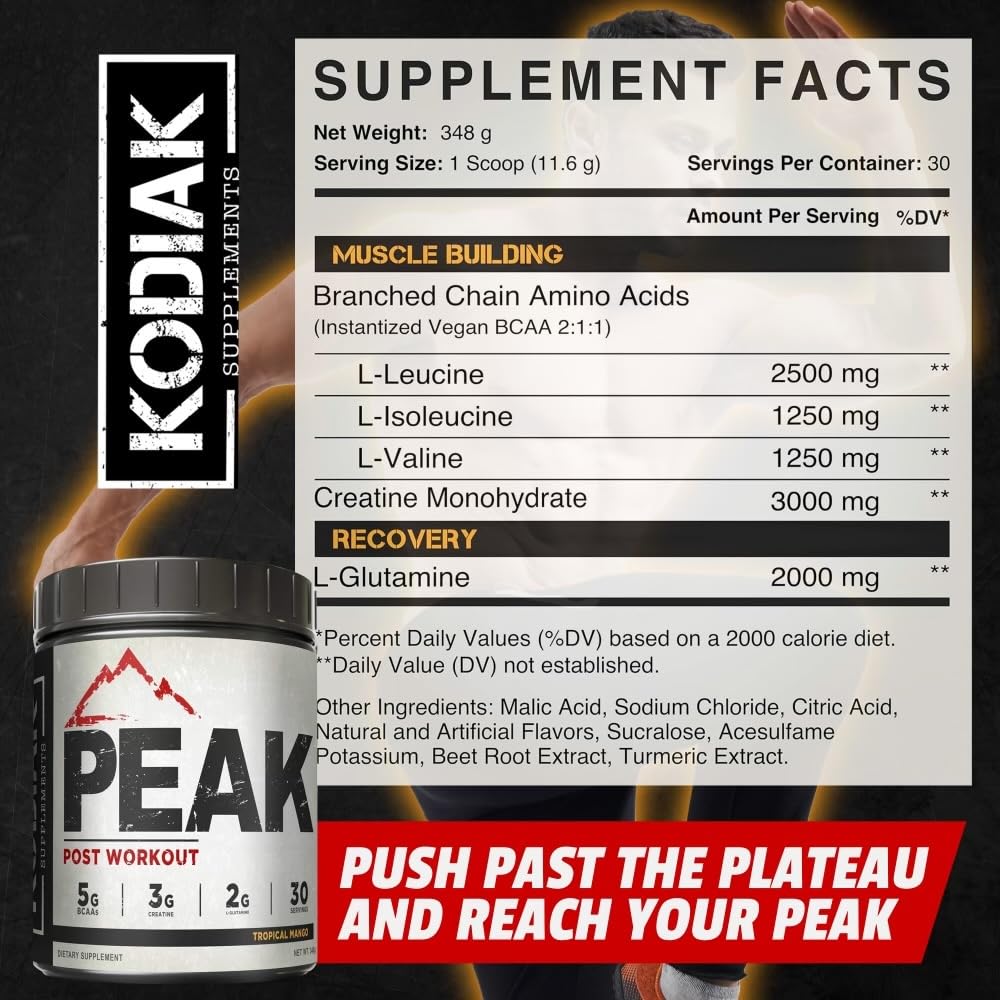 Kodiak Supplements Peak Post Workout BCAA 2:1:1 Creatine Glutamine Muscle Recovery and Strength Building Supplement Powder, 12.8 oz
