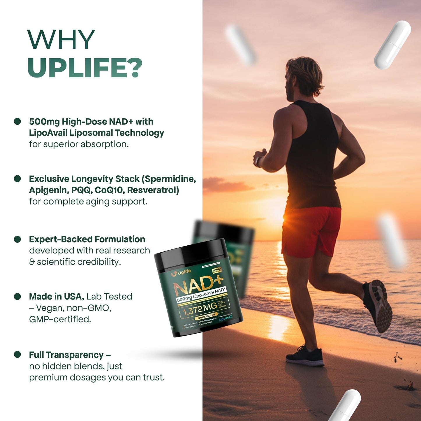 UPLIFE NAD+ Supplement 1,372mg Liposomal NAD+ with CoQ10, Resveratrol, Spermidine, L-Theanine, Apigenin & PQQ NMNH Alternative Booster for Cellular Energy, Healthy Aging, Immune Health, 120 Capsules