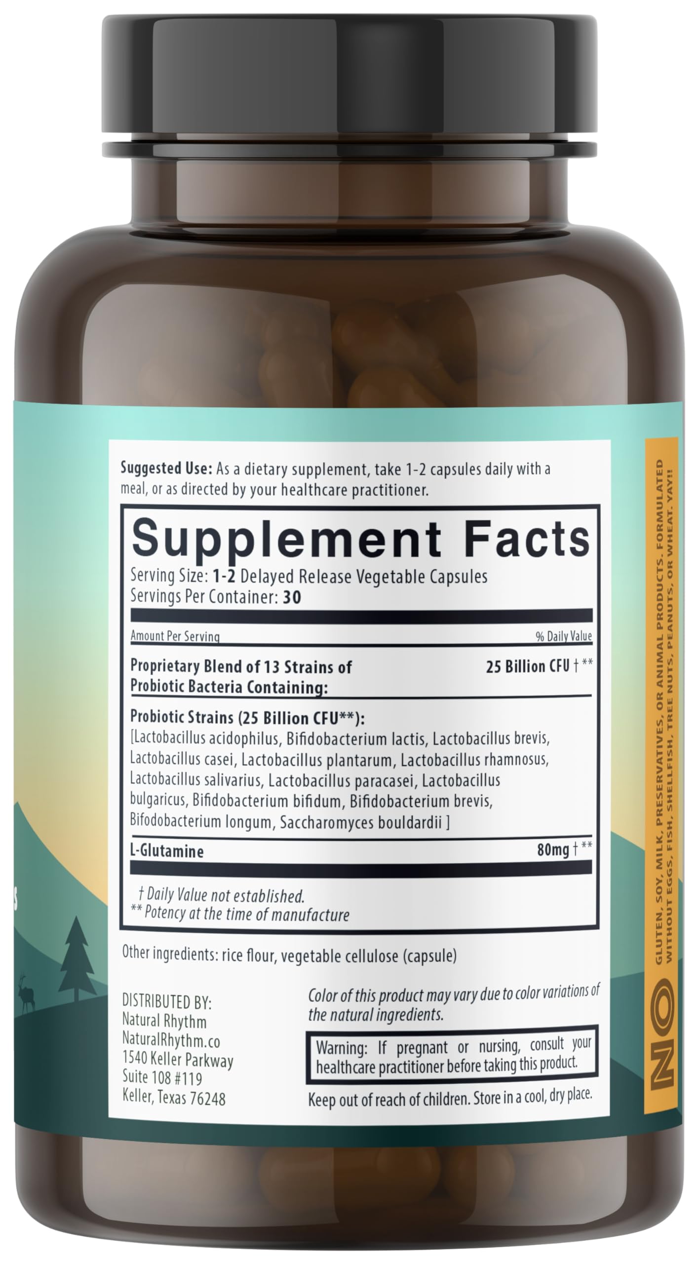 Natural Rhythm Digestive Calm Probiotic + L-Glutamine – 25 Billion CFU, 13 Strains, Digestive & Immune Support Supplement Capsules, 60 Count