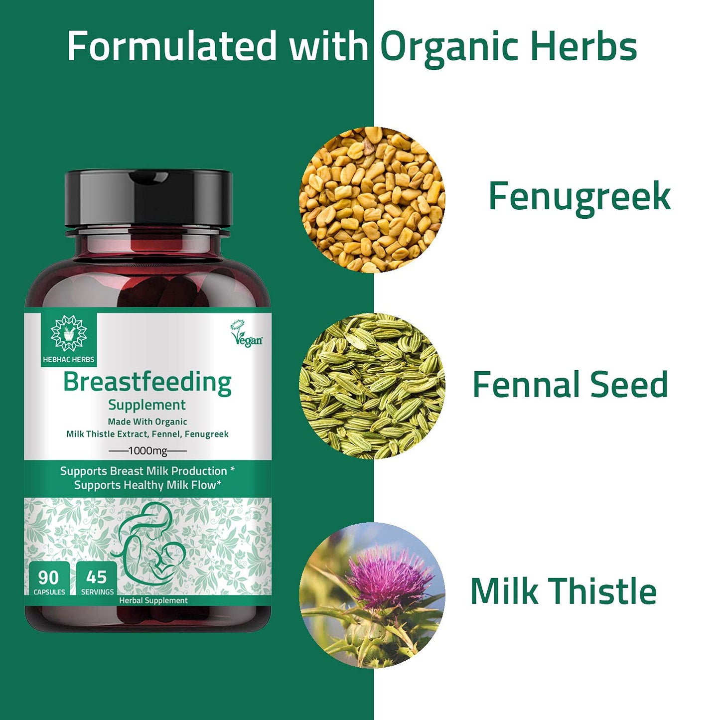 Hebhac Herbs Breastfeeding Supplement for Milk Supply Support with Fenugreek, Fennel & Milk Thistle, Capsules, 90 Capsules
