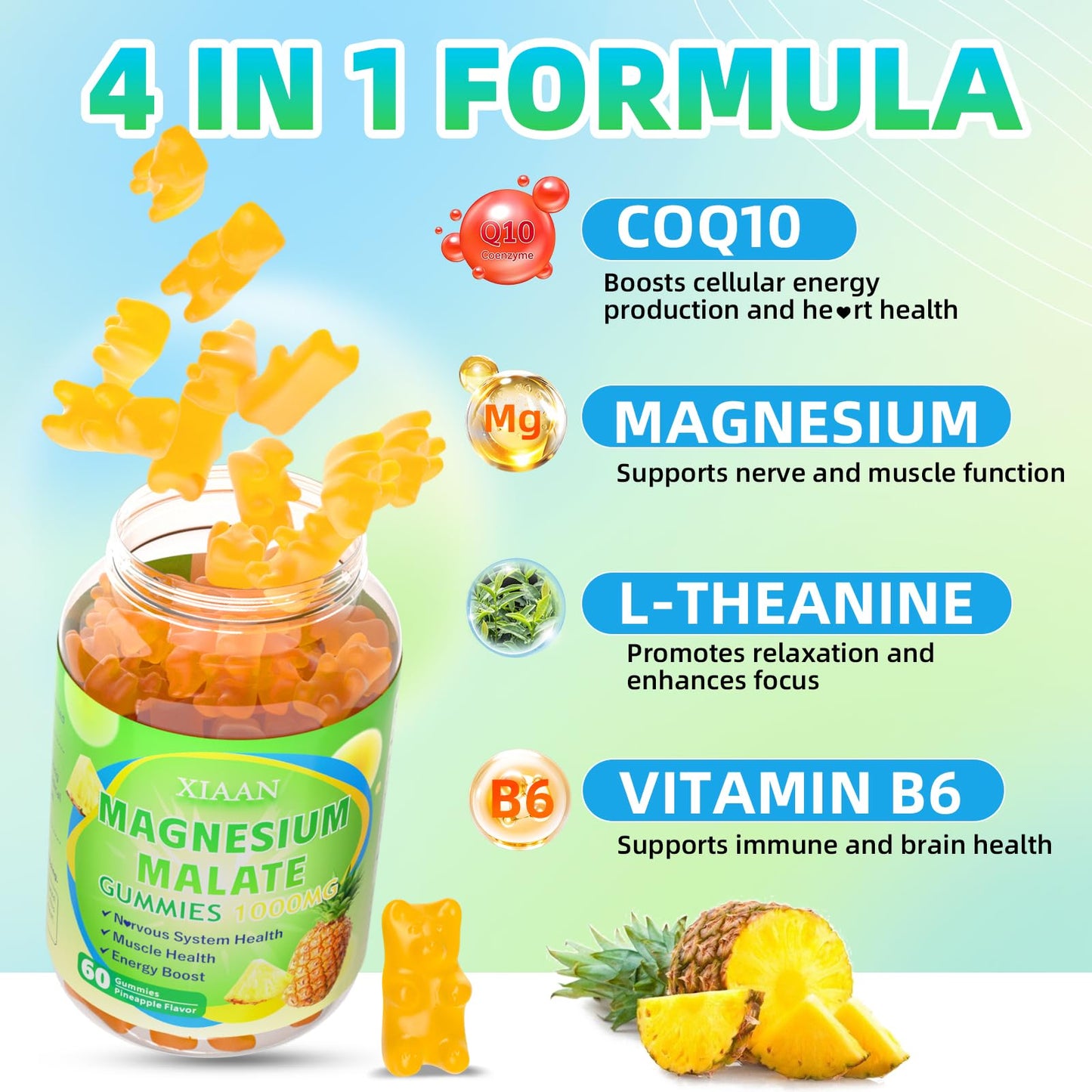 XIAAN Magnesium Malate Gummies 1000mg, 60 Count