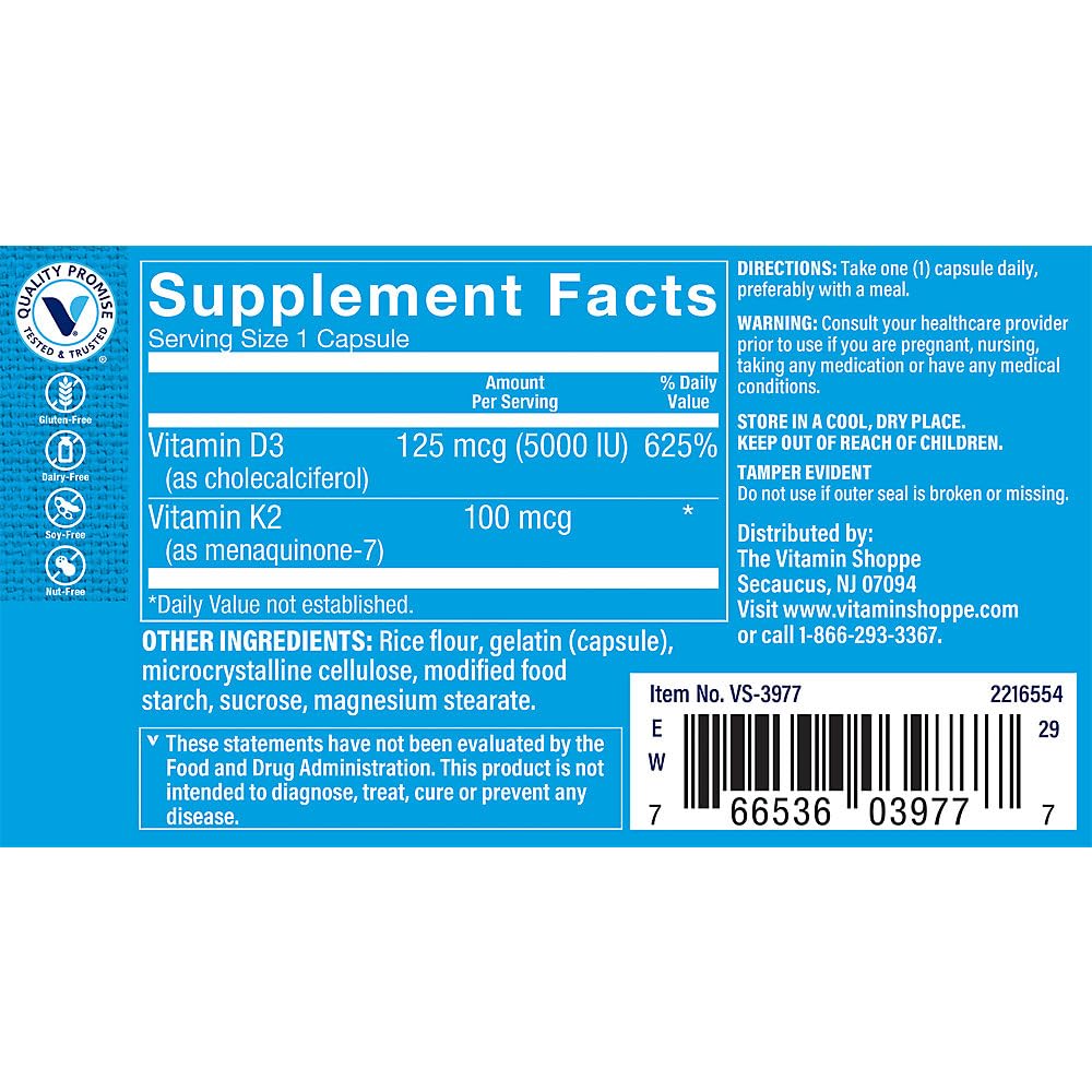 The Vitamin Shoppe Vitamin D3 5,000 IU - Bone Health, Immune Function & Calcium Absorption Support, Daily Vitamin Capsule 60 Capsules