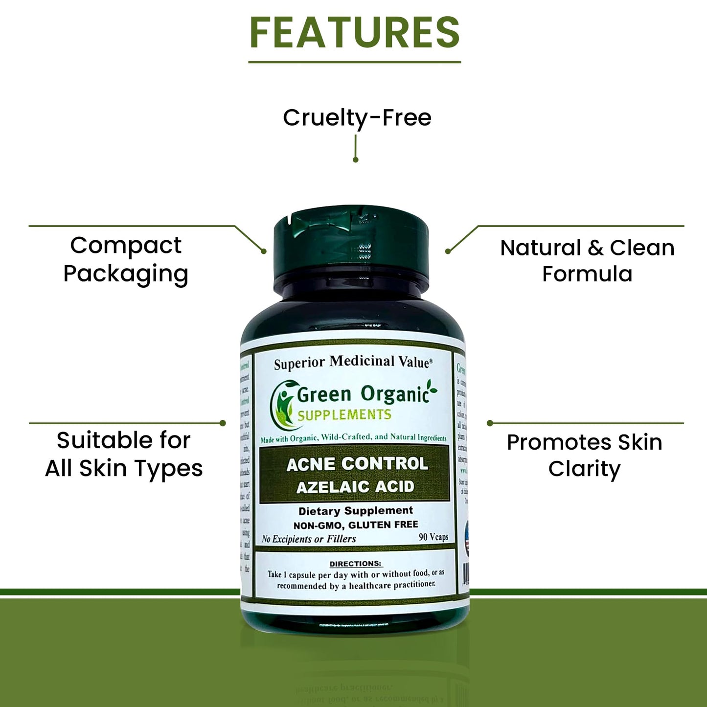 Green Organic Supplements Azelaic Acid Acne Support Capsules, 90 Capsules, Non-GMO, Gluten-Free, Pack of 5