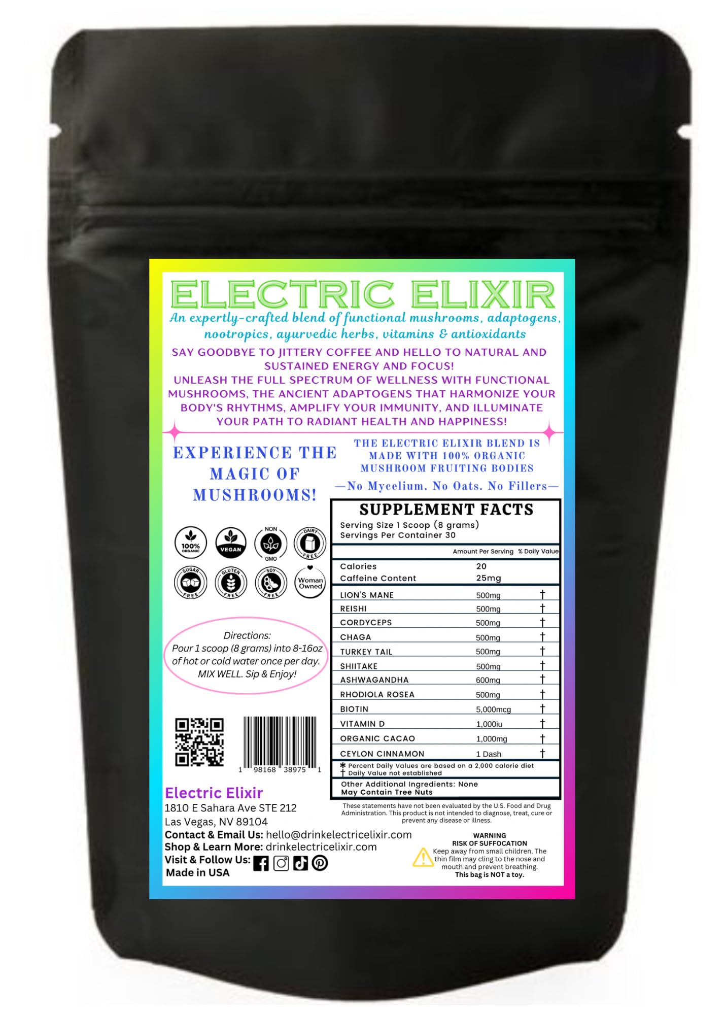 Electric Elixir Organic Vegan Adaptogenic Mushroom Powder 3,000mg Super Shroom Blend, 8.8 oz