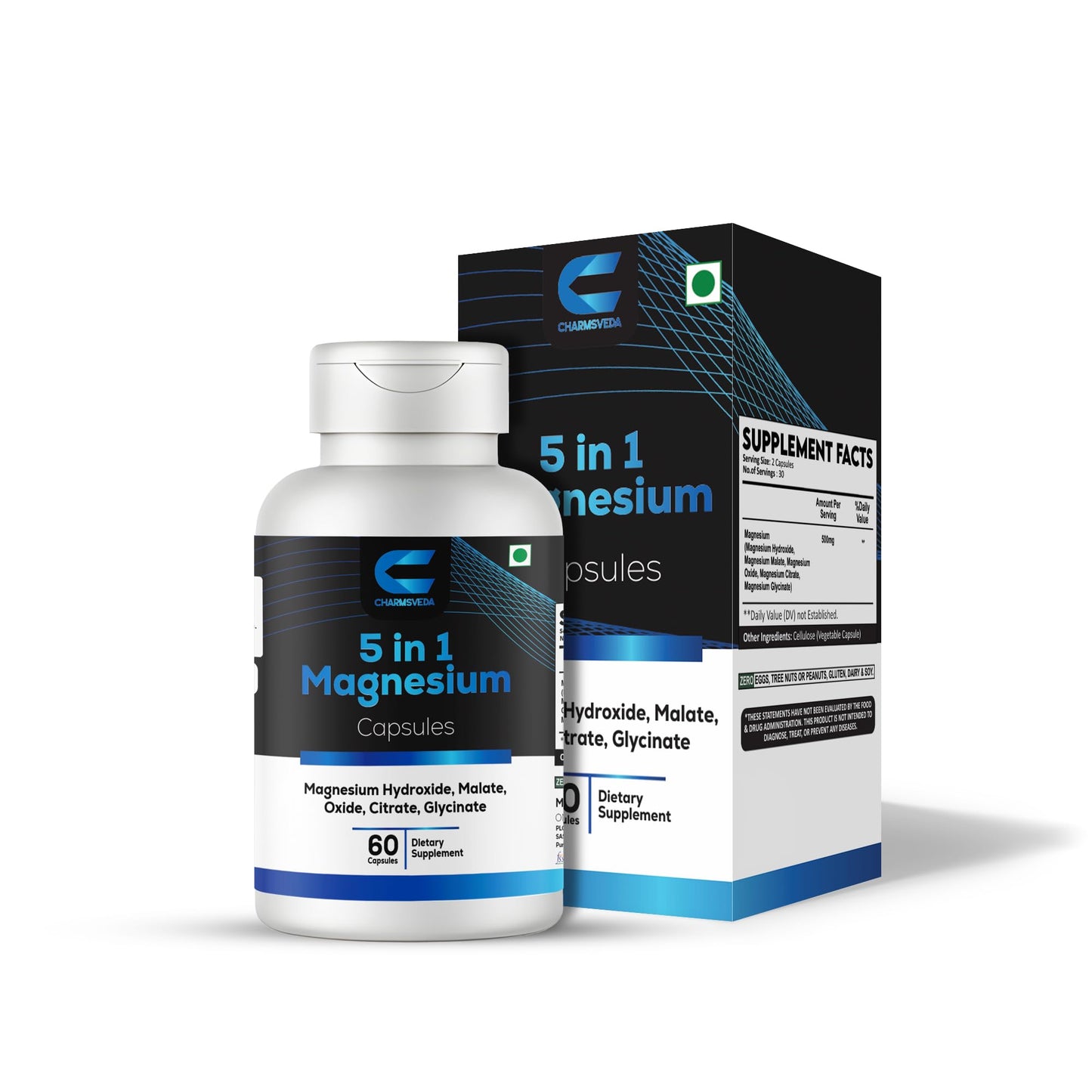 CHARMSVEDA 5-in-1 Magnesium Complex Capsules 500mg – Magnesium Glycinate, Citrate, Malate, Oxide & Hydroxide – Vegan Supplement – 60 Capsules