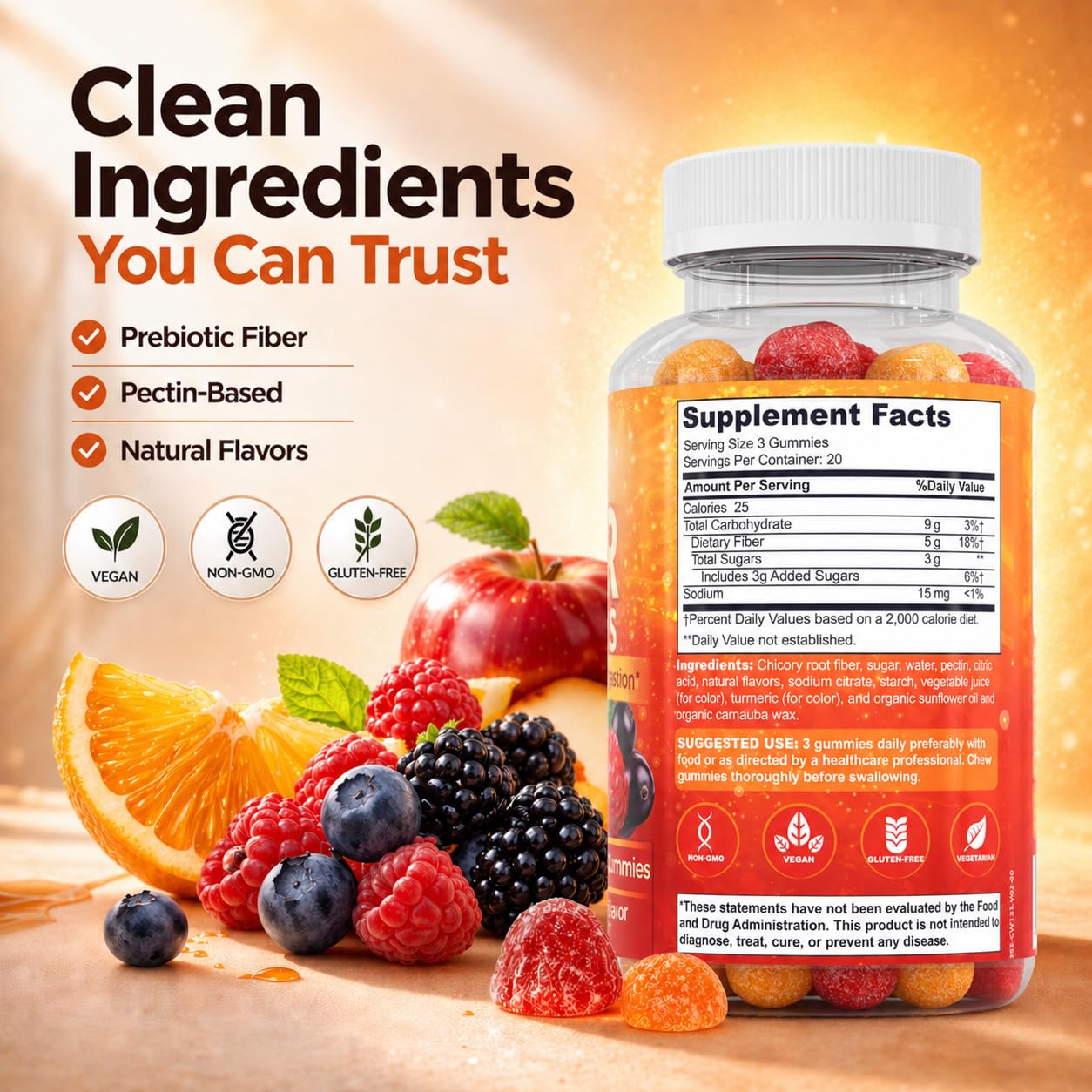 Nature's Potent Fiber Gummies for Adults – Prebiotic Fiber Supplement, 60 Count