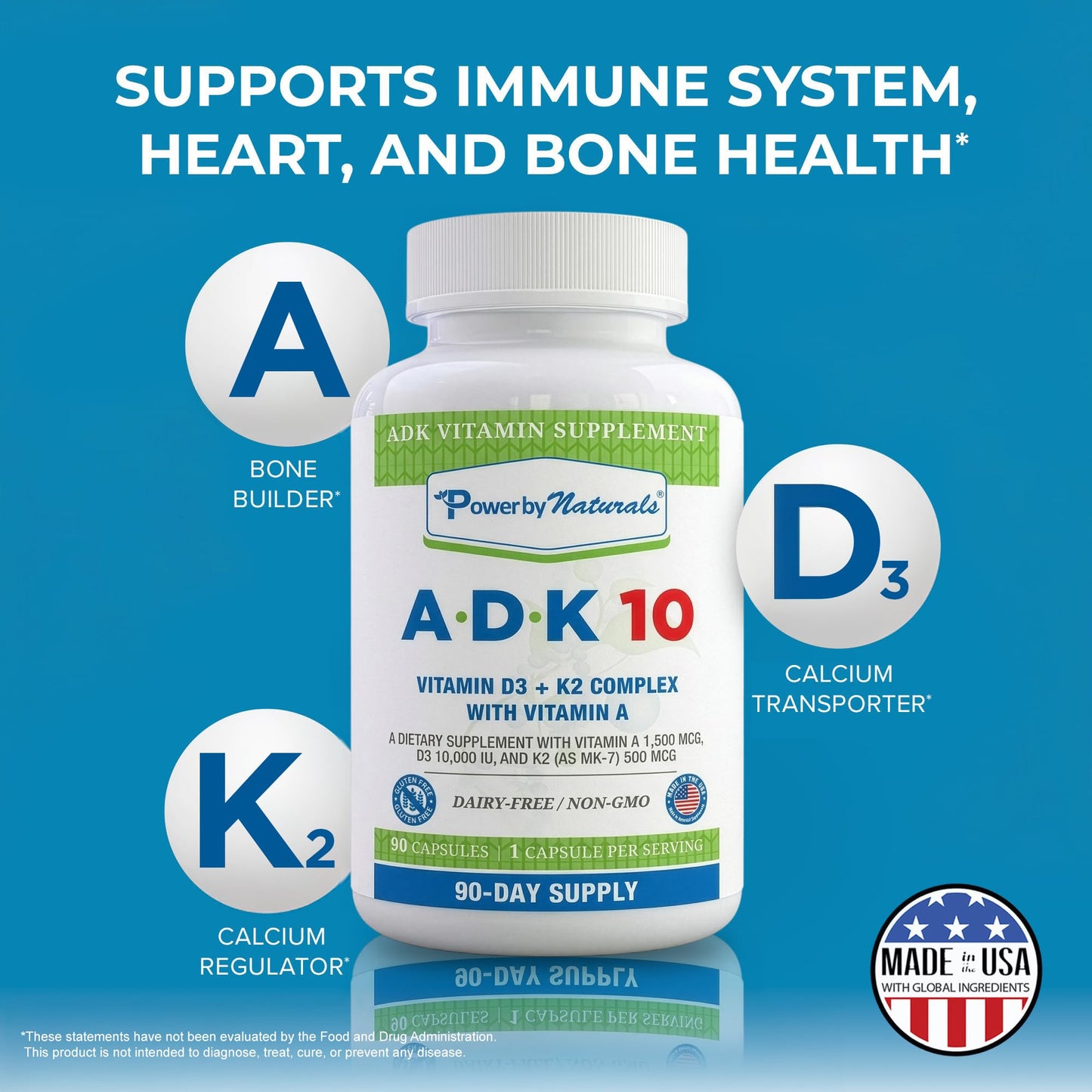 Power By Naturals ADK Vitamin Supplement with Vitamins A, D3 250 mcg & K2 MK-7 for Bone & Immune Health, 180 Capsules