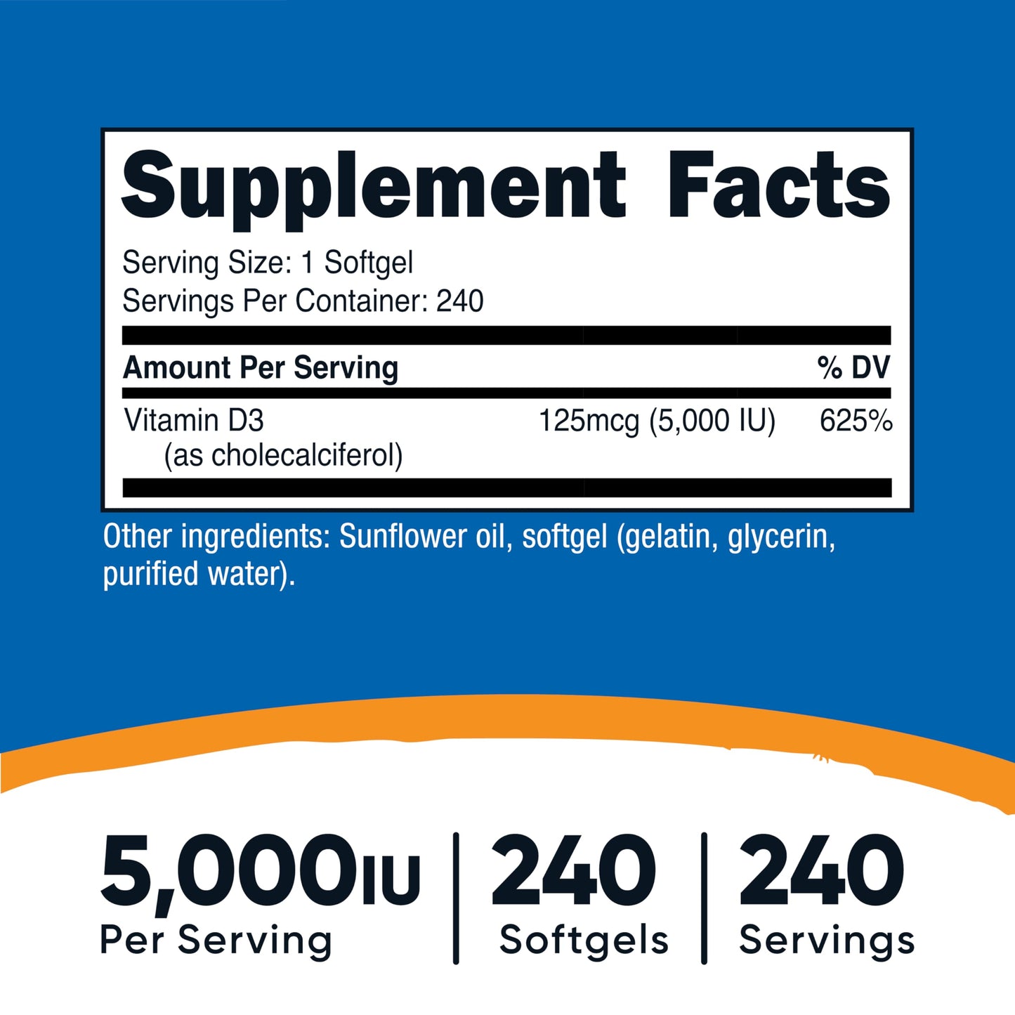 Nutricost Vitamin D3 5,000 IU (125mcg) Softgels, 240 Count
