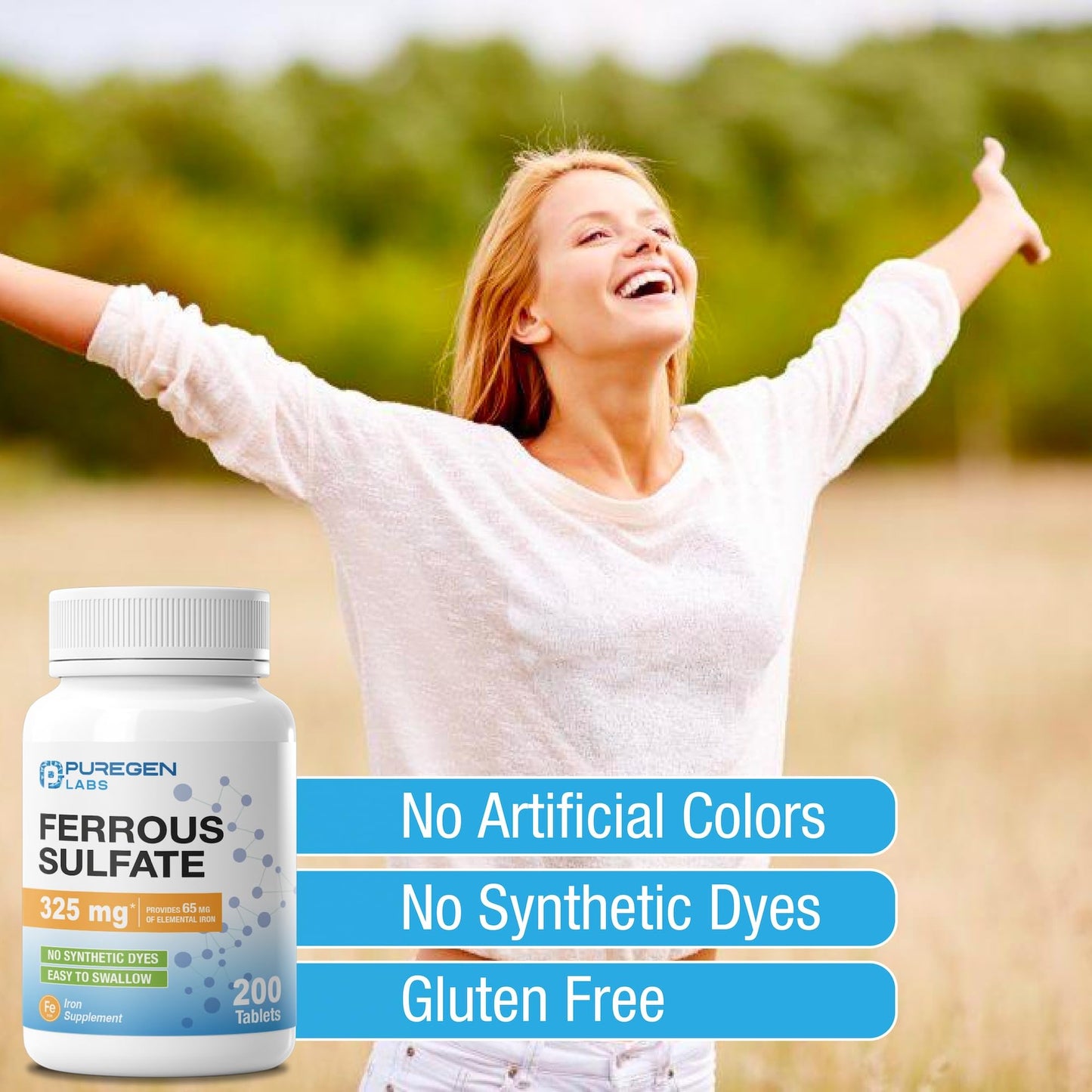 P Puregen Labs Ferrous Sulfate 325 mg (65 mg Elemental Iron) High Potency Iron Supplement Tablet, 200 Tablets