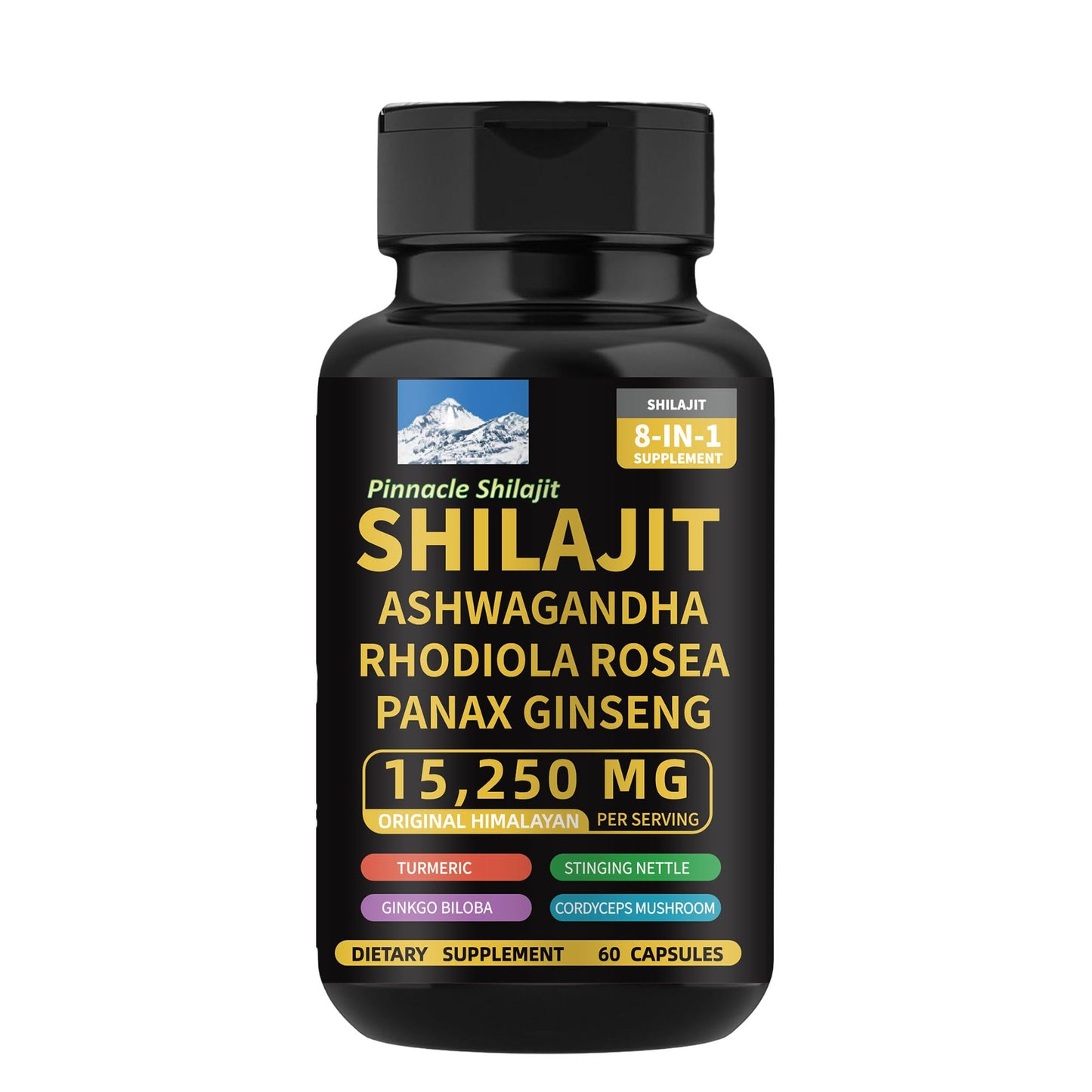 PINNACLE SHILAJIT 8-in-1 Capsules with Shilajit, Rhodiola Rosea, Ashwagandha, Ginseng, Ginkgo Biloba, Turmeric, Cordyceps Mushroom & Stinging Nettle Supports Energy, Mental Clarity & Immunity, 60 Capsules