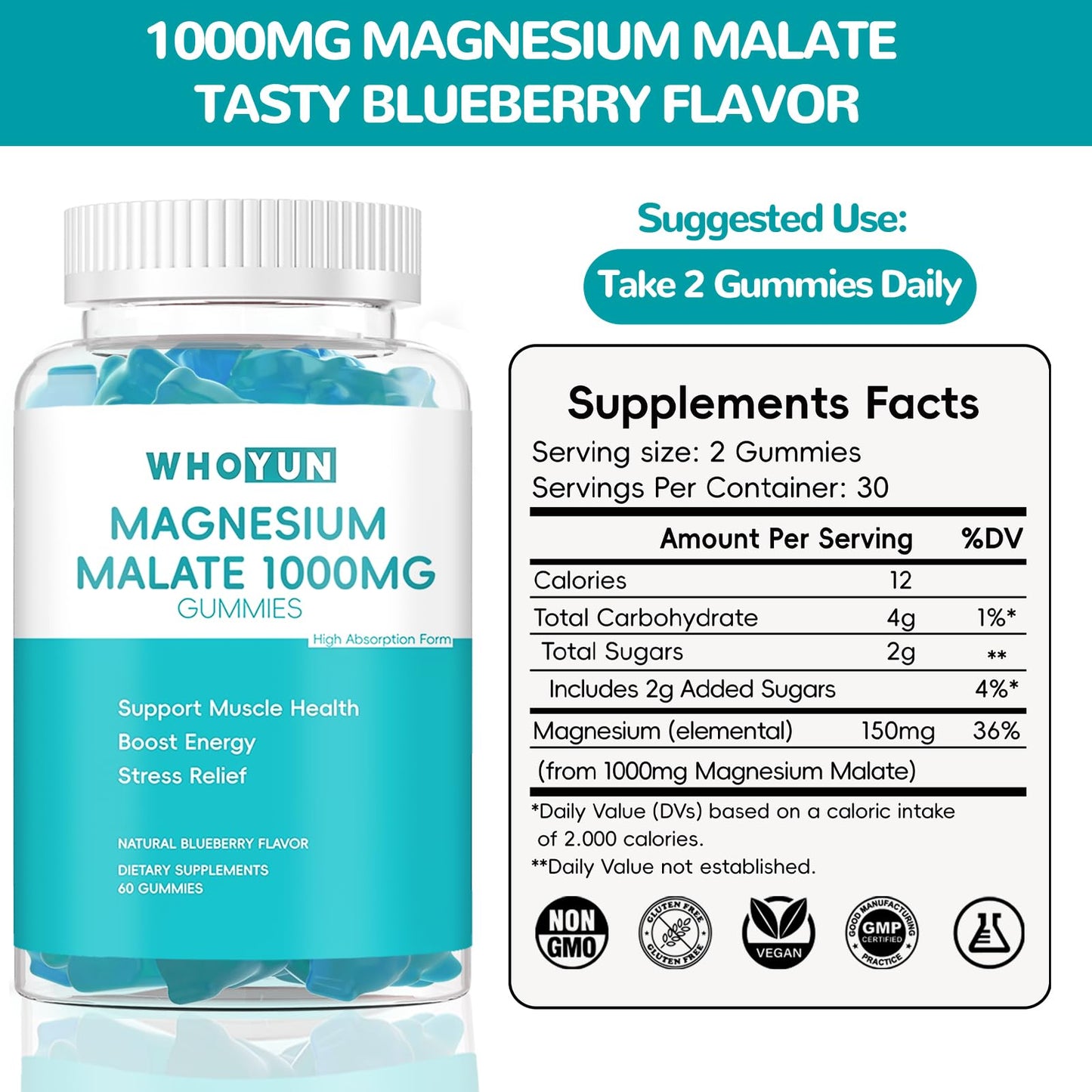 Whoyun Magnesium Malate Gummies 1000mg, Enhanced Absorption Magnesium Chewables with Malic Acid, 60 Gummies