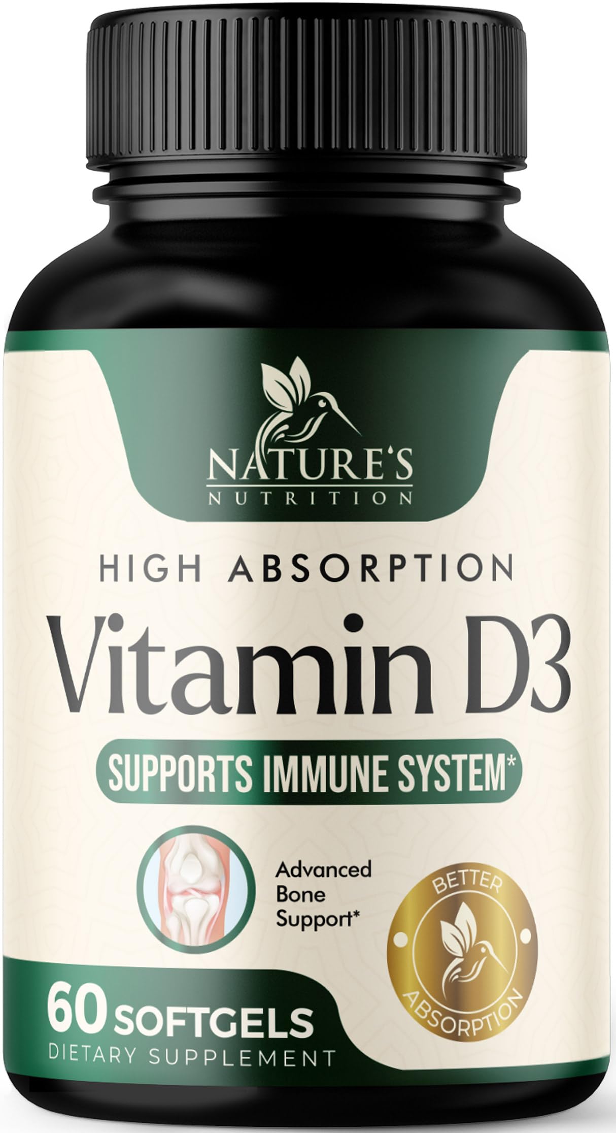 Nature's Nutrition Vitamin D3 5000 IU (125 mcg) Softgels 60 Count