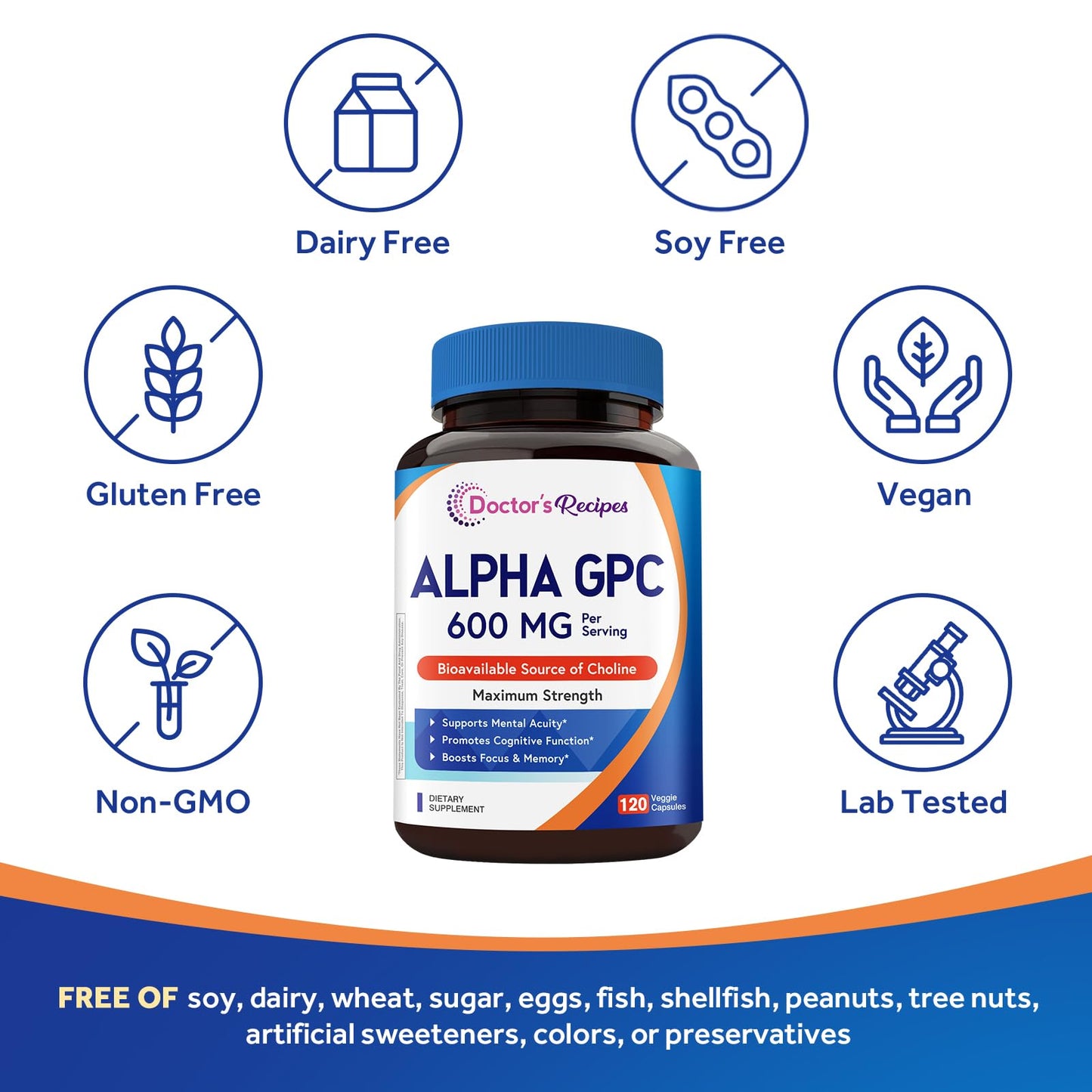 Doctor's Recipes Alpha GPC Choline Supplement 600 mg, 120 Veggie Capsules
