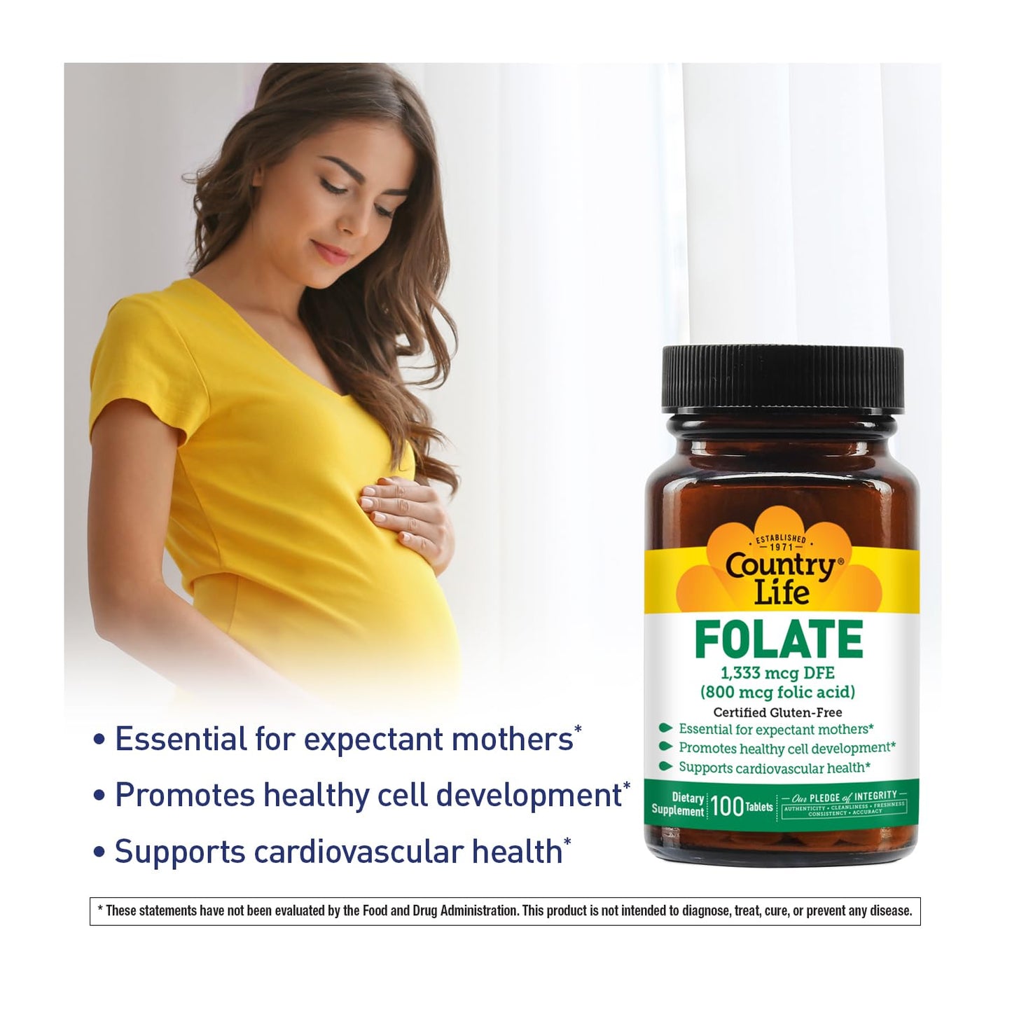 Country Life Folate 800 mcg (Folic Acid) Tablet, 100 Tablets