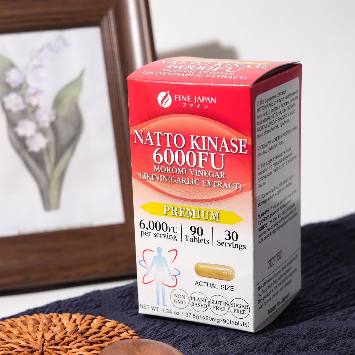 FINE JAPAN Nattokinase 6000FU – Japanese Fermented Natto Enzyme Supplement with Garlic and Vinegar, 270 Capsules