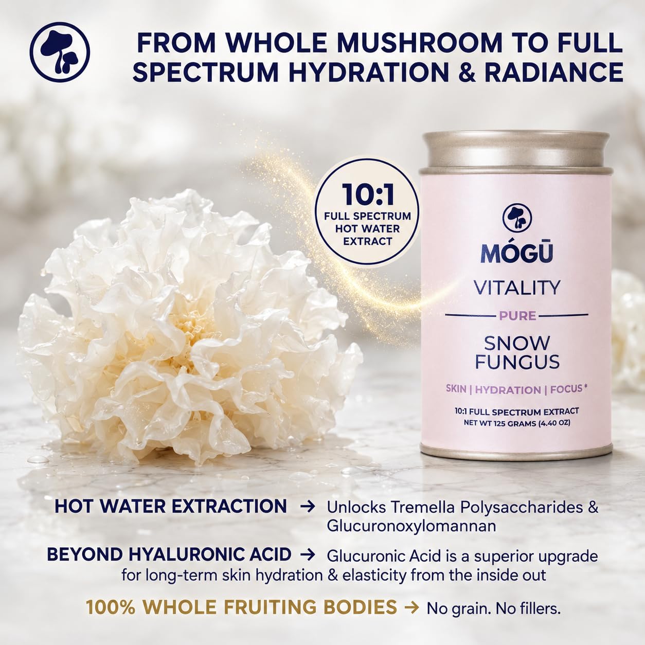 MÓGU MUSHROOMS Mógū Vitality Snow Fungus Organic Mushroom Powder Tremella Fuciformis Supplement, 4.4 oz Powder