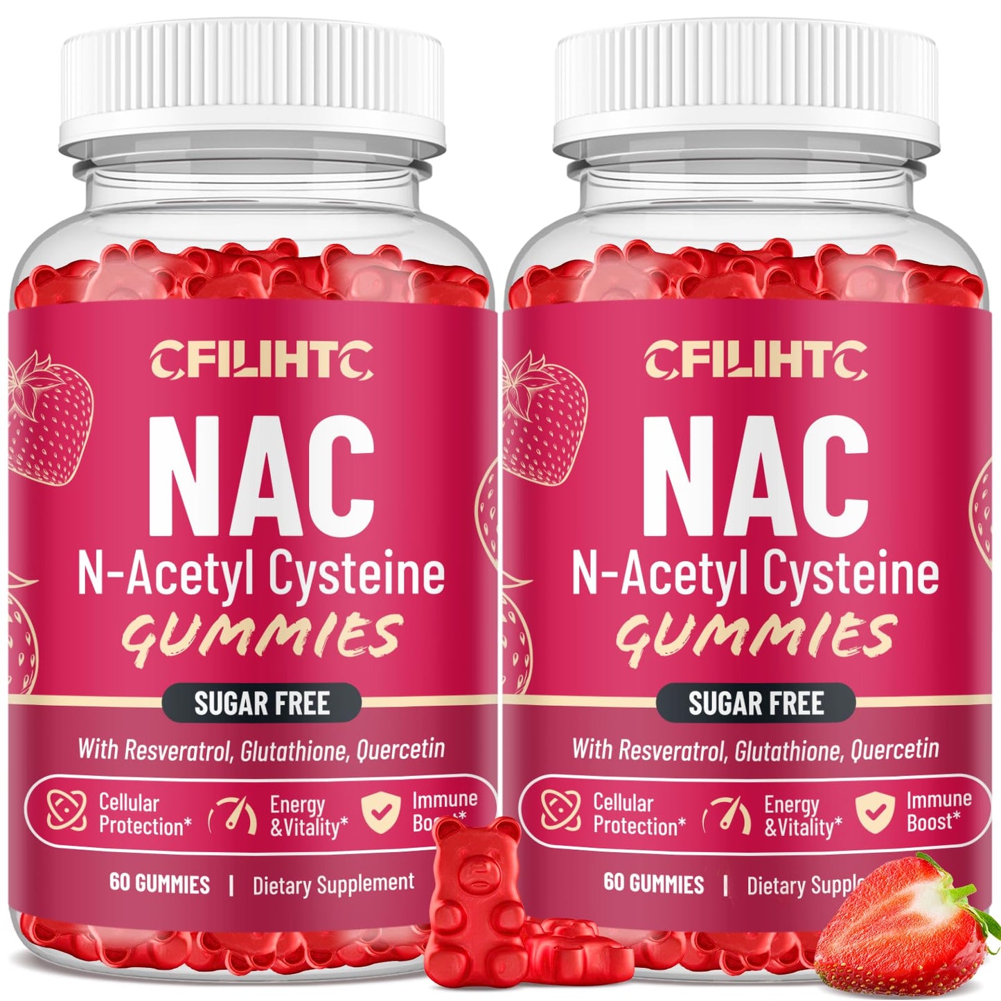 CFILIHTC NAC Gummies 600mg N-Acetyl Cysteine with Glutathione, Resveratrol, Magnesium & CoQ10, Antioxidants & Immune Support, Strawberry Flavor, 120 Gummies