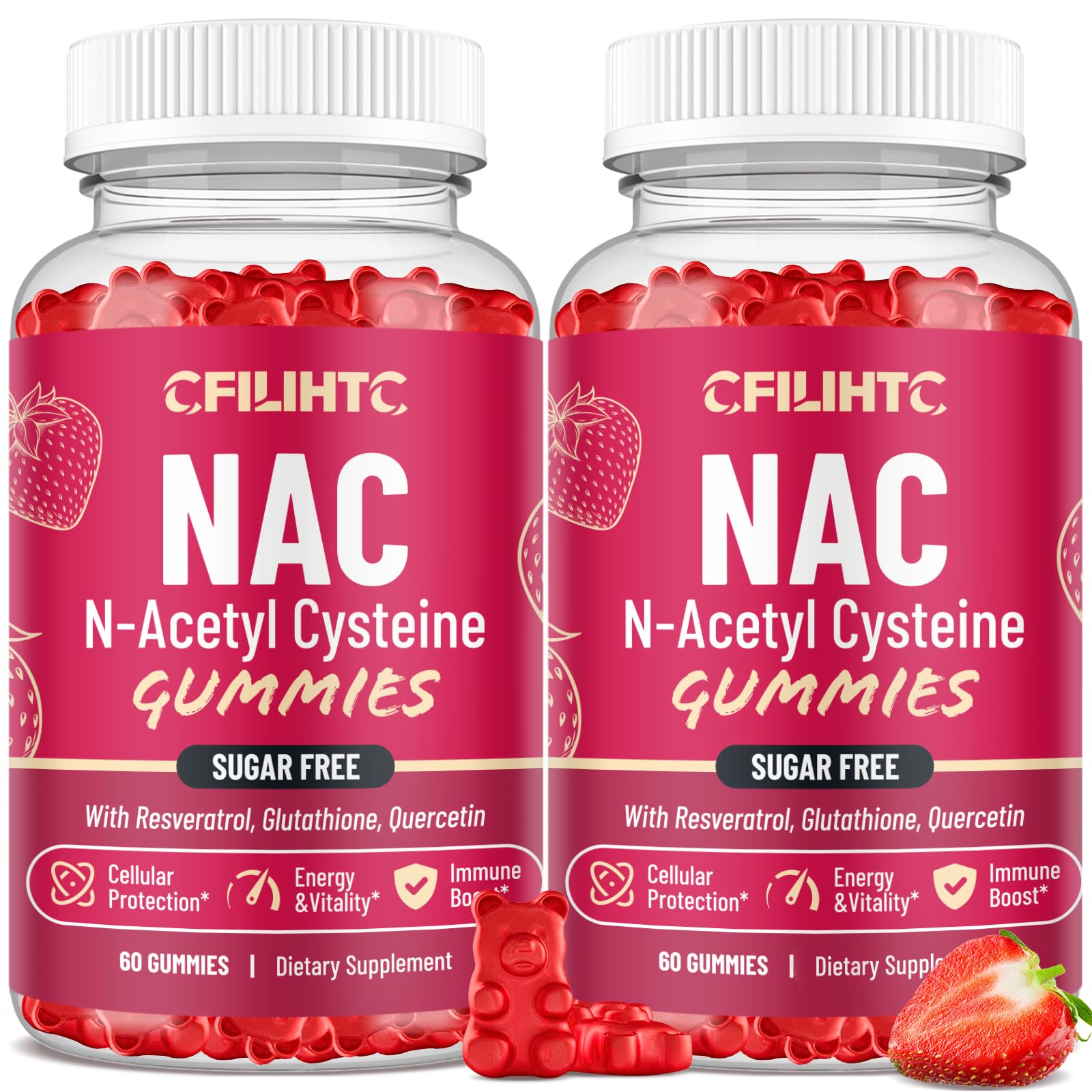 CFILIHTC NAC Gummies 600mg N-Acetyl Cysteine with Glutathione, Resveratrol, Magnesium & CoQ10, Antioxidants & Immune Support, Strawberry Flavor, 120 Gummies