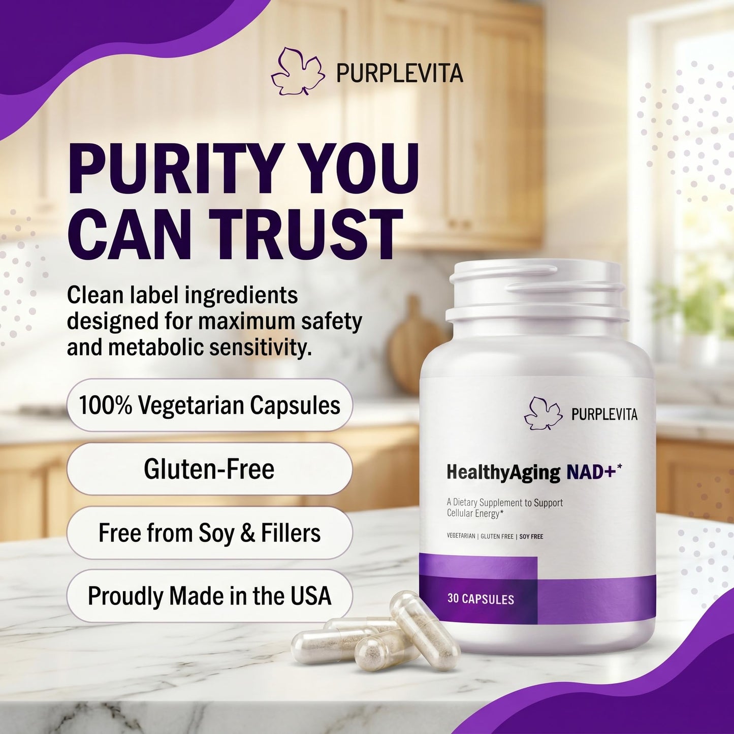 PURPLEVITA NAD + Plus Supplement Healthy Aging with RiaGev-WS, Vitamin C & Niacin, Cellular Energy, Metabolism and Stress Support, 30 Capsules
