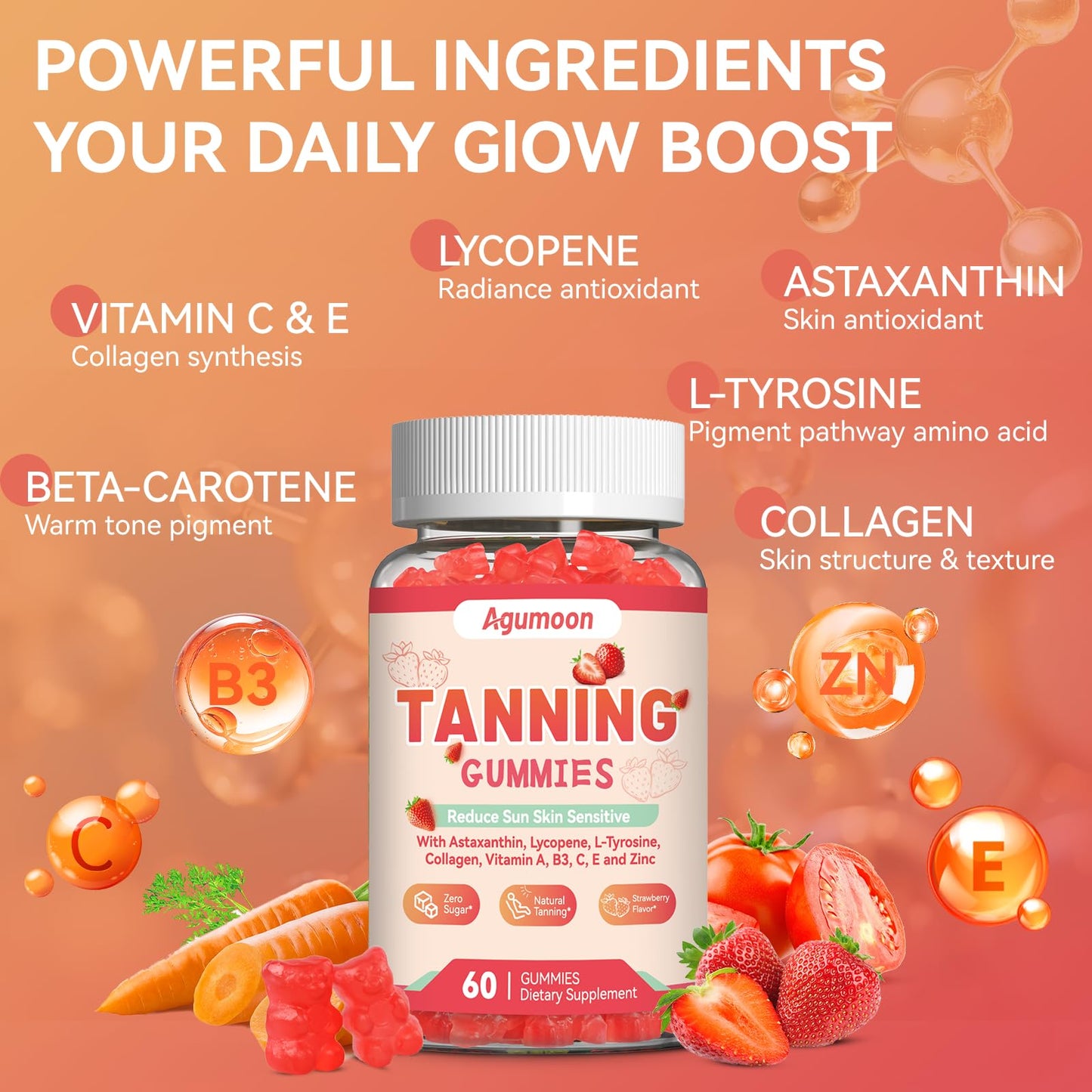 Agumoon Tanning Gummies for Women and Men, Self Tan Supplement with Beta Carotene, Lycopene, Astaxanthin, Collagen & Vitamins, for Skin Health & Pigmentation, Vegan, 120 Gummies