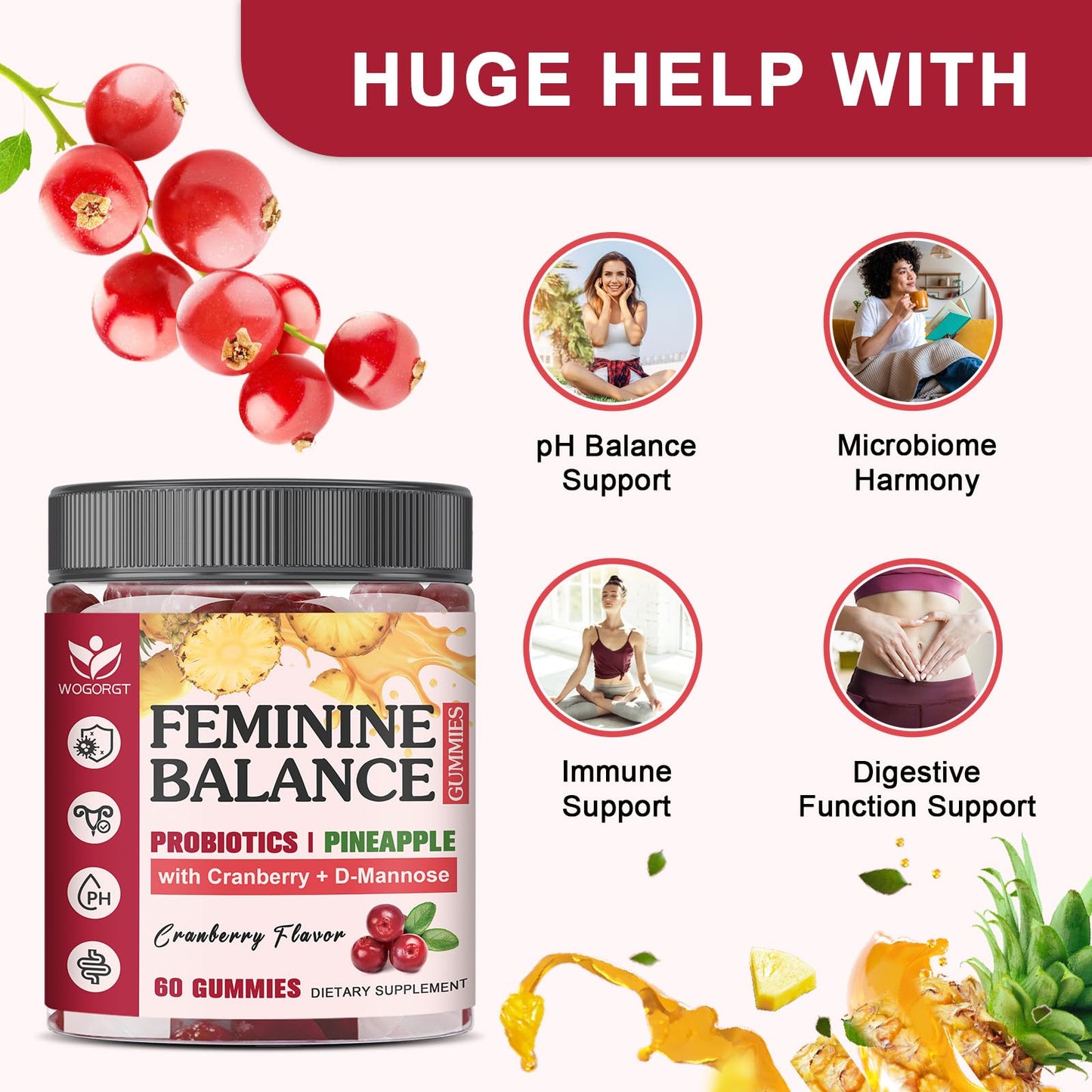 WOGORGT Feminine Balance Gummy for Women, pH Balance Support, Sugar Free, 60 Count