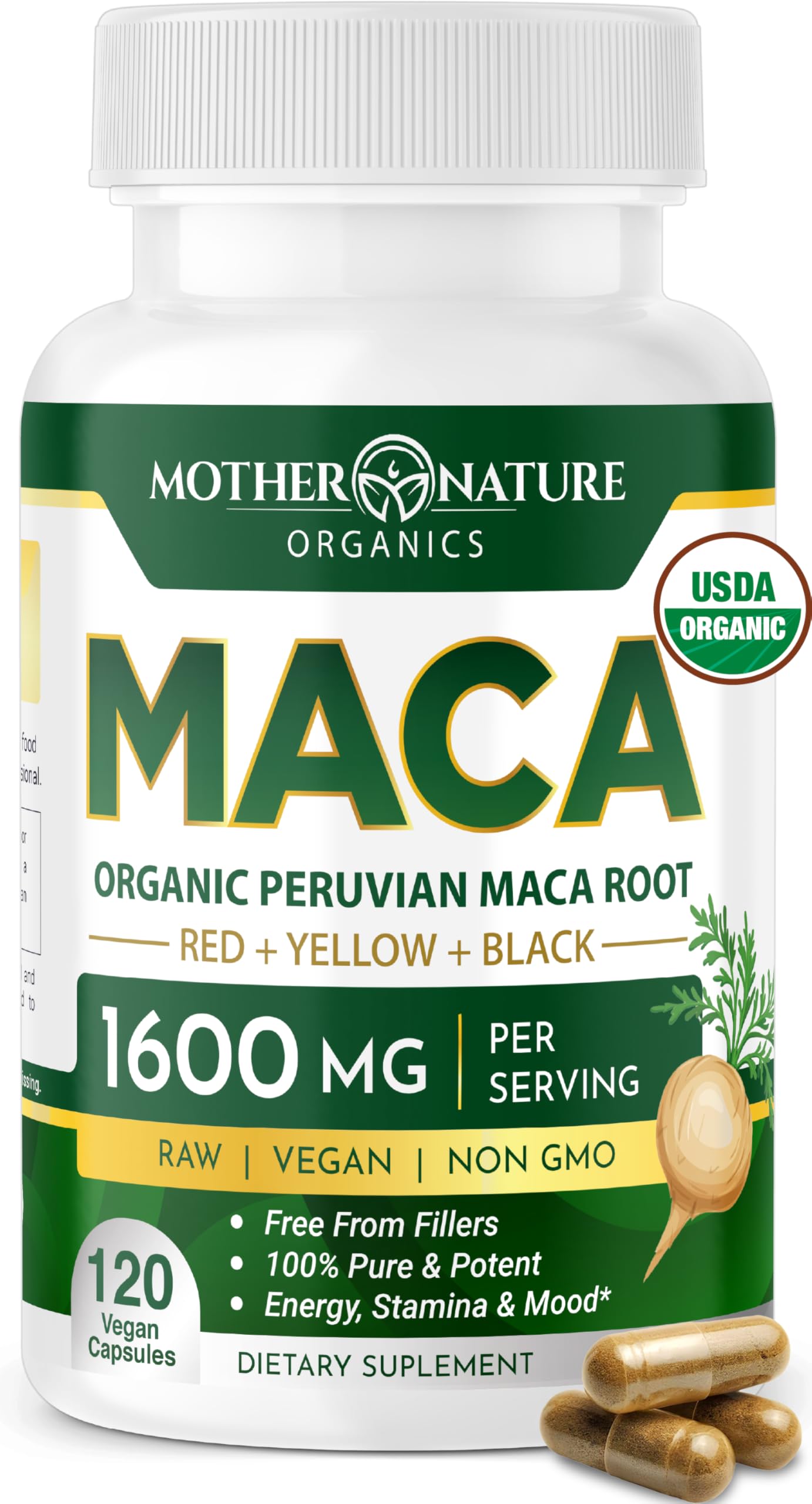 Mother Nature Organics Superfoods for Organic Living Maca Root 1600mg, 120 Capsules