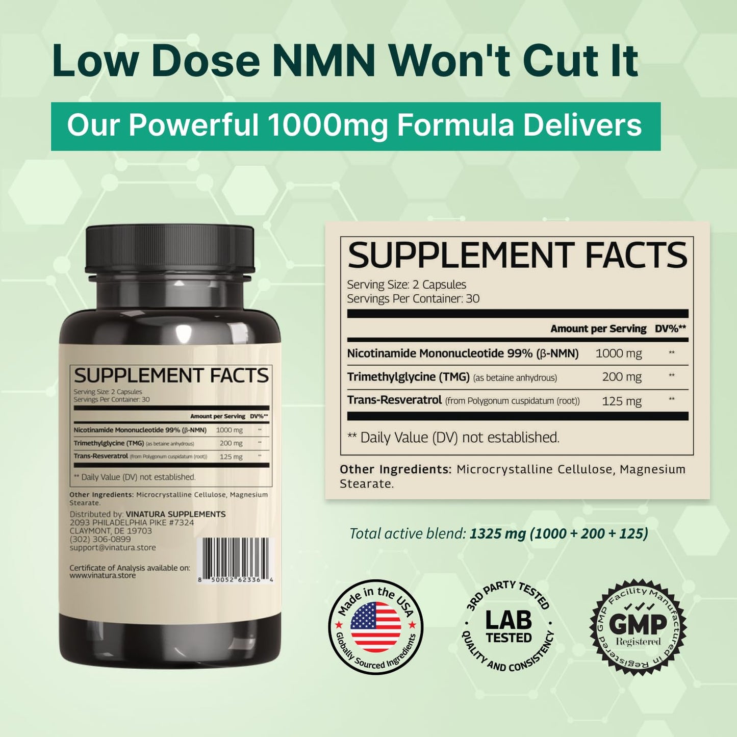 VINATURA NMN Complex Supplement 1325MG - NMN 1000mg with Resveratrol and TMG, Support NAD+ 60 Capsules